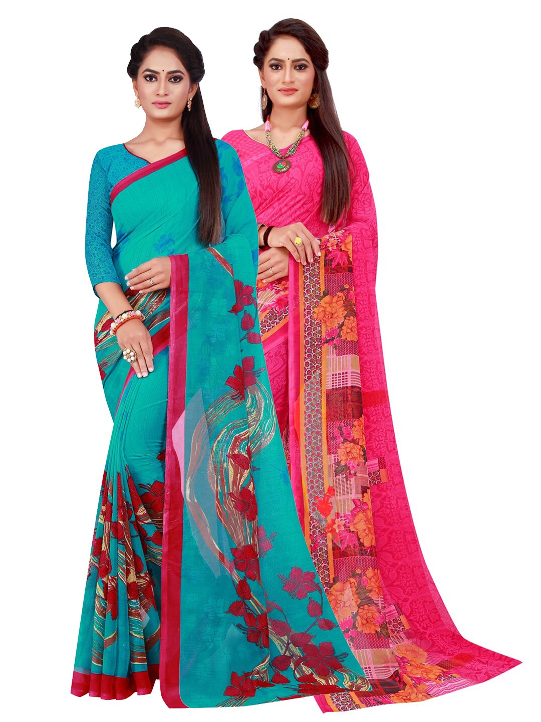 

Silk Bazar Magenta & Turquoise Blue Pack of 2 Floral Printed Pure Georgette Sarees