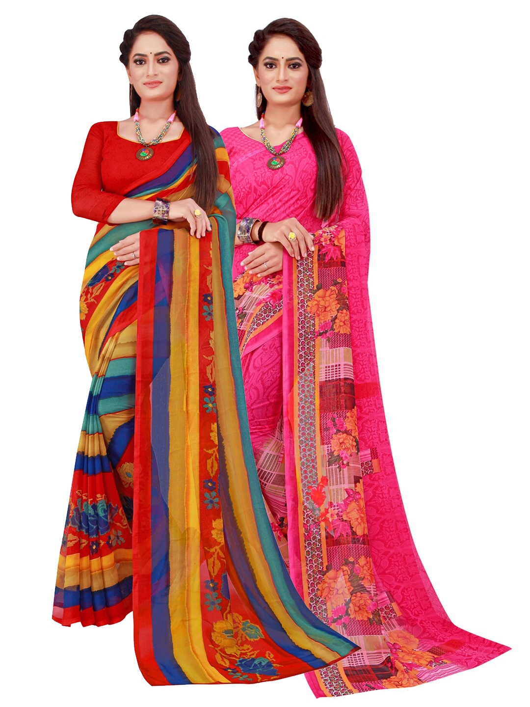 

Silk Bazar Magenta & Yellow Pack of 2 Floral Printed Pure Georgette Sarees