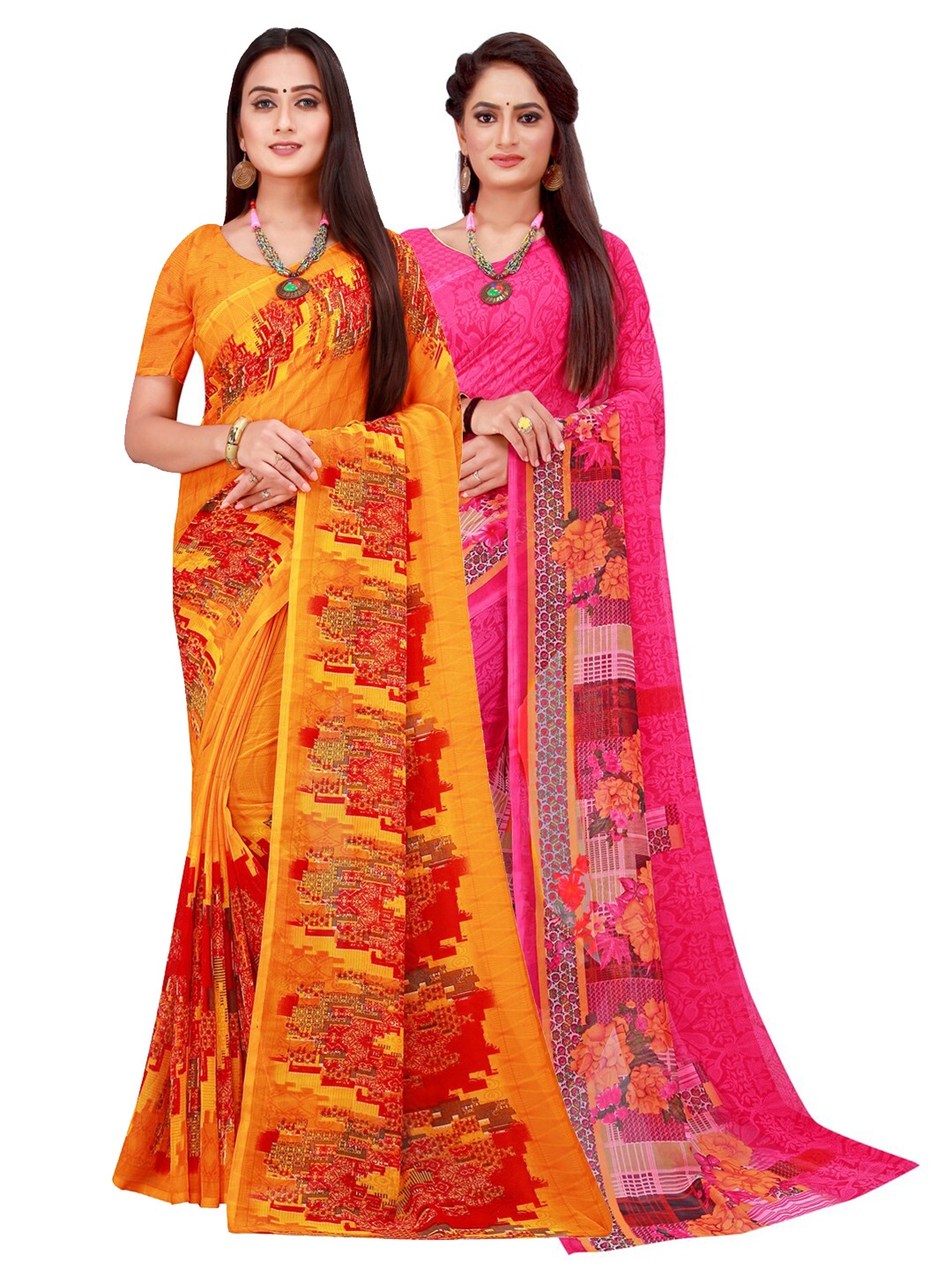 

Silk Bazar Orange & Magenta Pack of 2 Floral Printed Pure Georgette Sarees