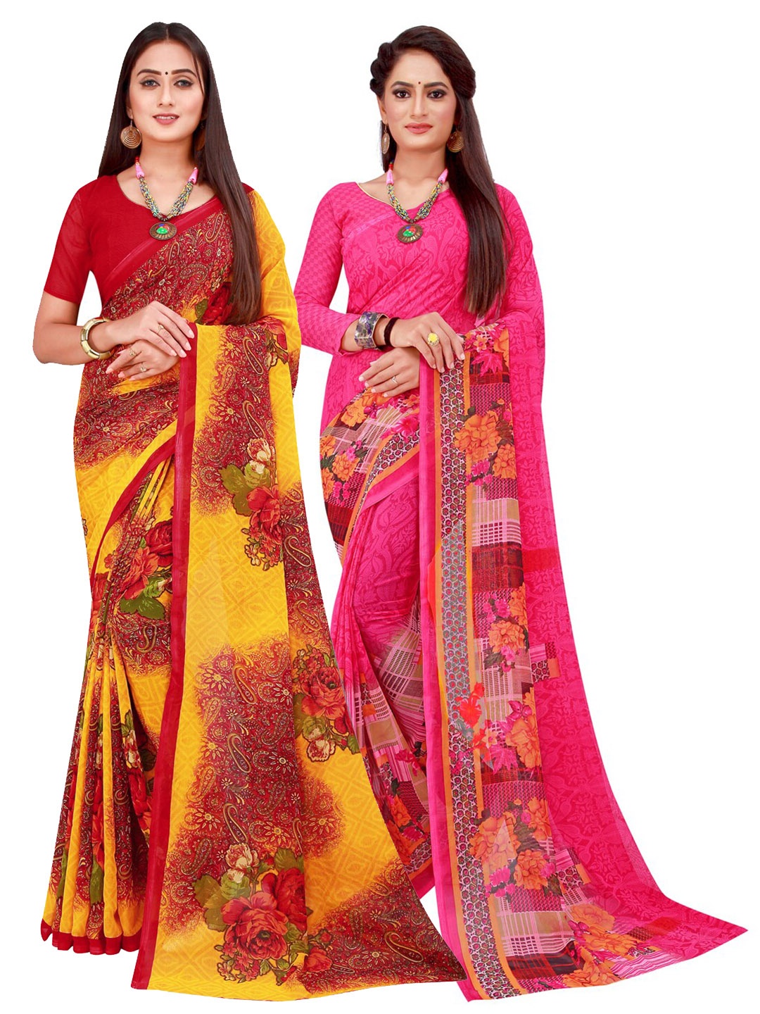 

Silk Bazar Magenta & Maroon Pack of 2 Floral Printed Pure Georgette Sarees