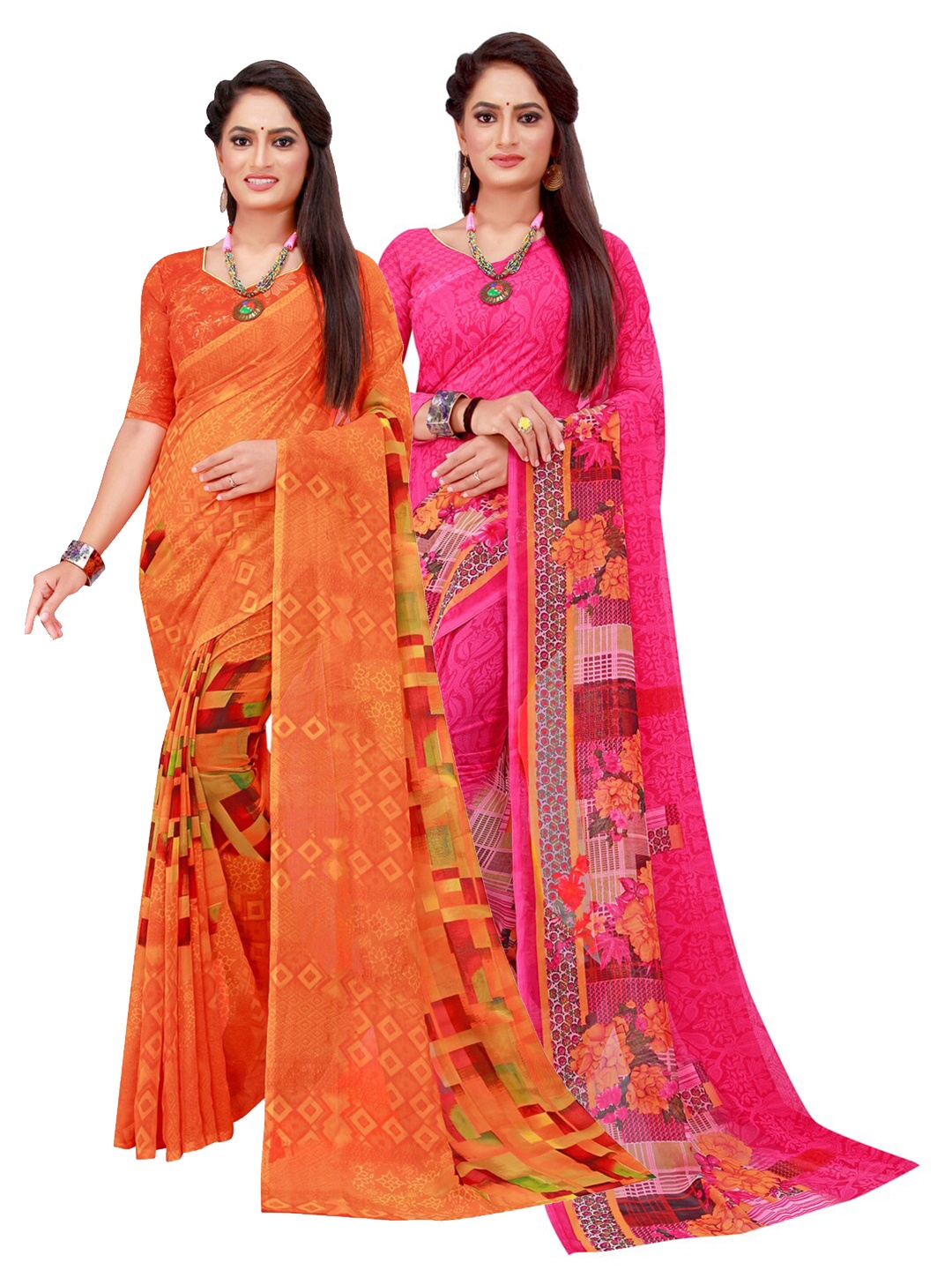 

Silk Bazar Orange & Magenta Pack of 2 Printed Pure Georgette Sarees