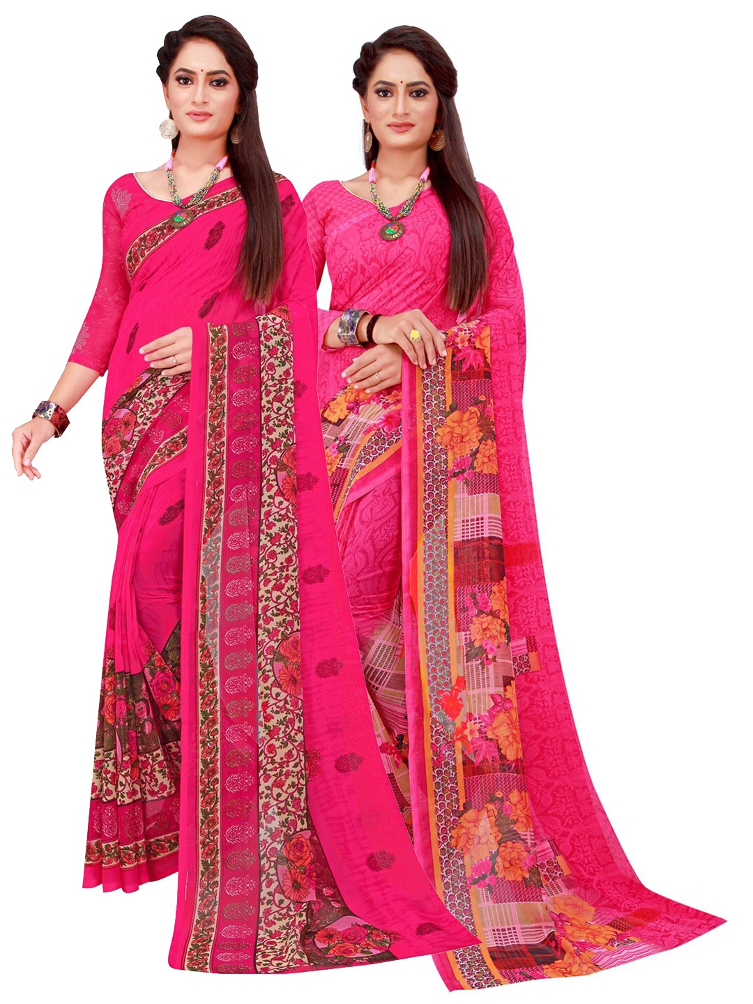 

Silk Bazar Magenta & White Pack of 2 Floral Printed Pure Georgette Sarees