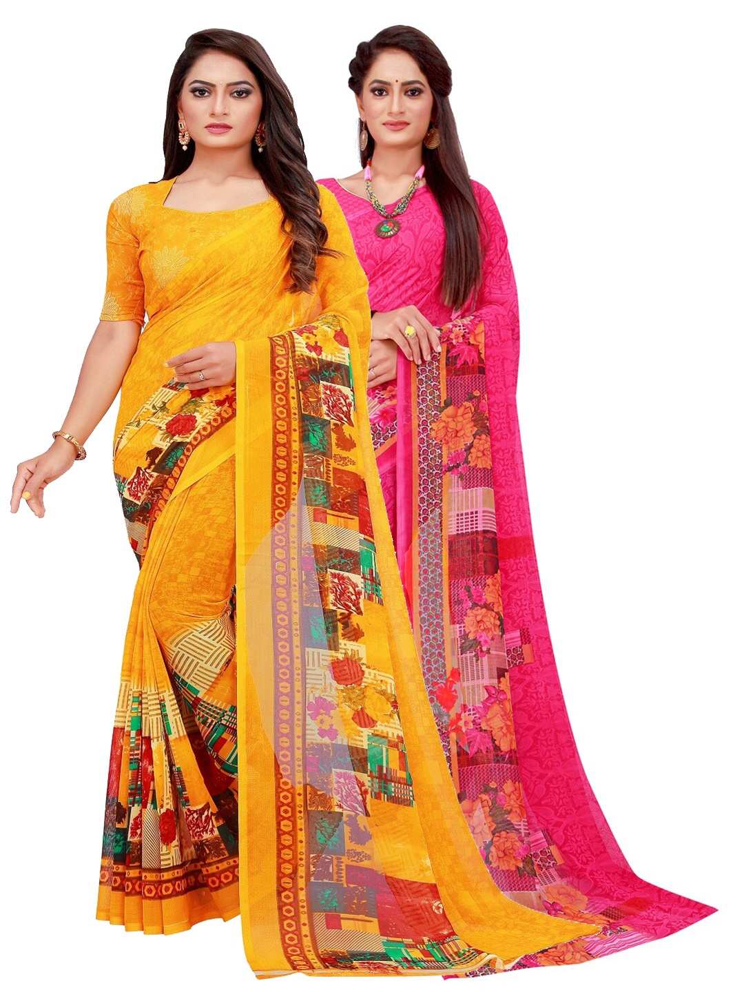 

Silk Bazar Magenta & Yellow Pack of 2 Floral Printed Pure Georgette Sarees
