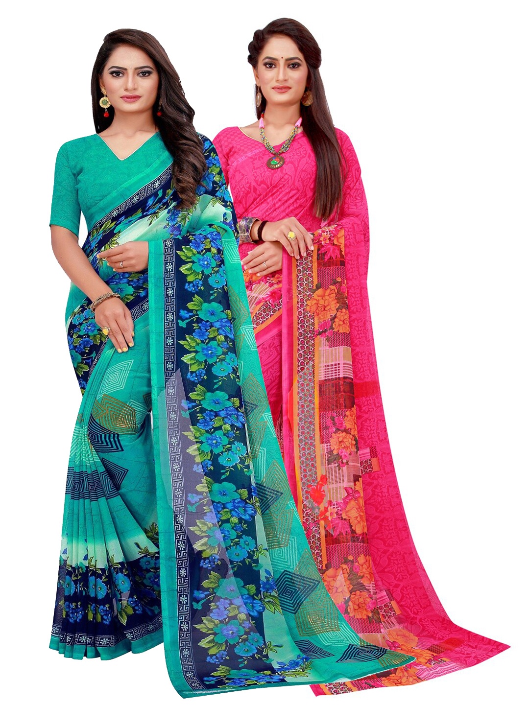 

Silk Bazar Turquoise Blue & Magenta Pack of 2 Floral Printed Pure Georgette Sarees