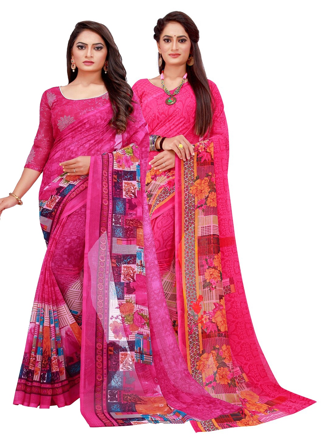 

Silk Bazar Magenta & Orange Pack of 2 Floral Printed Pure Georgette Sarees