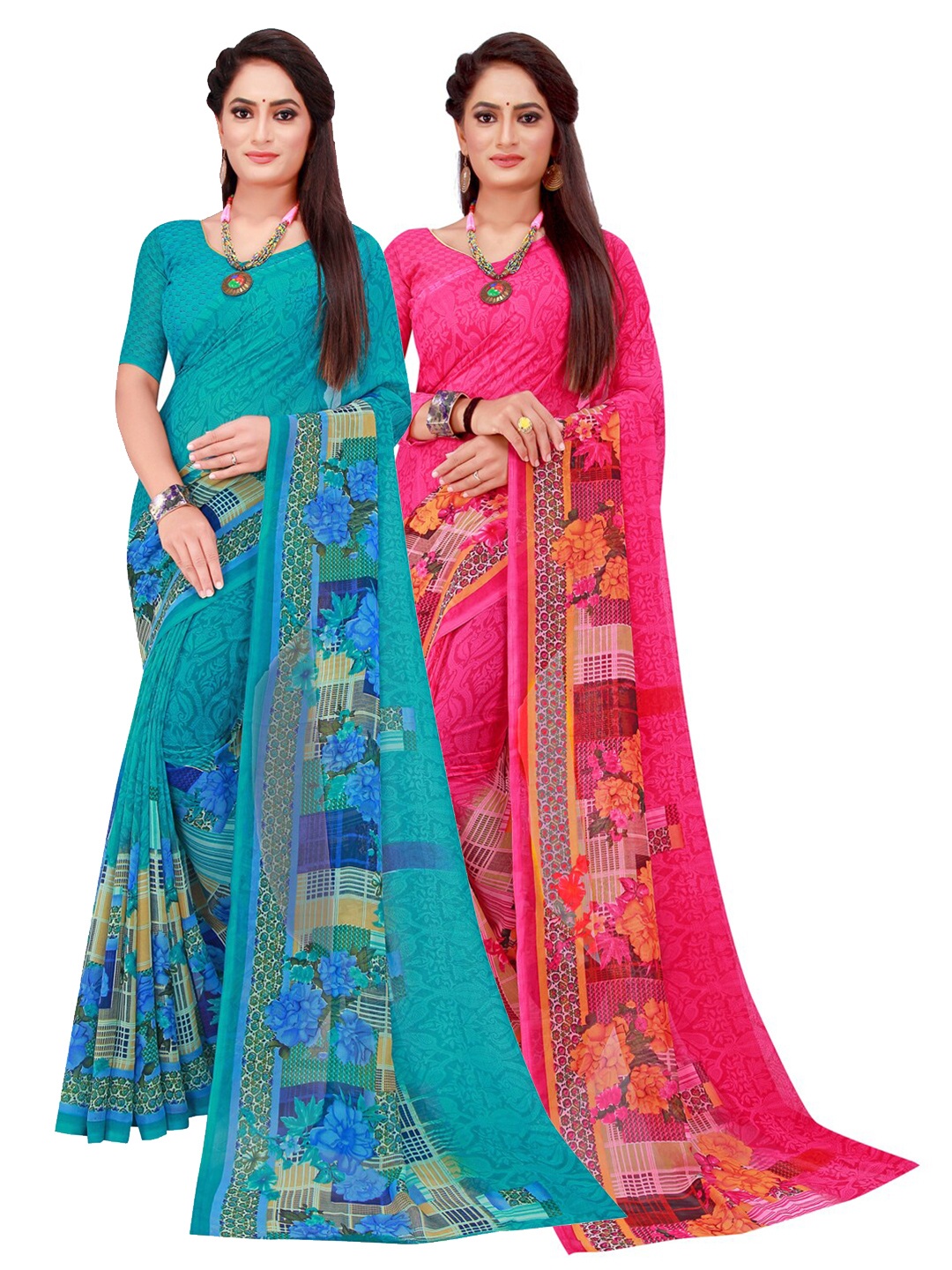 

Silk Bazar Red & Turquoise Blue Pack of 2 Printed Pure Georgette Sarees