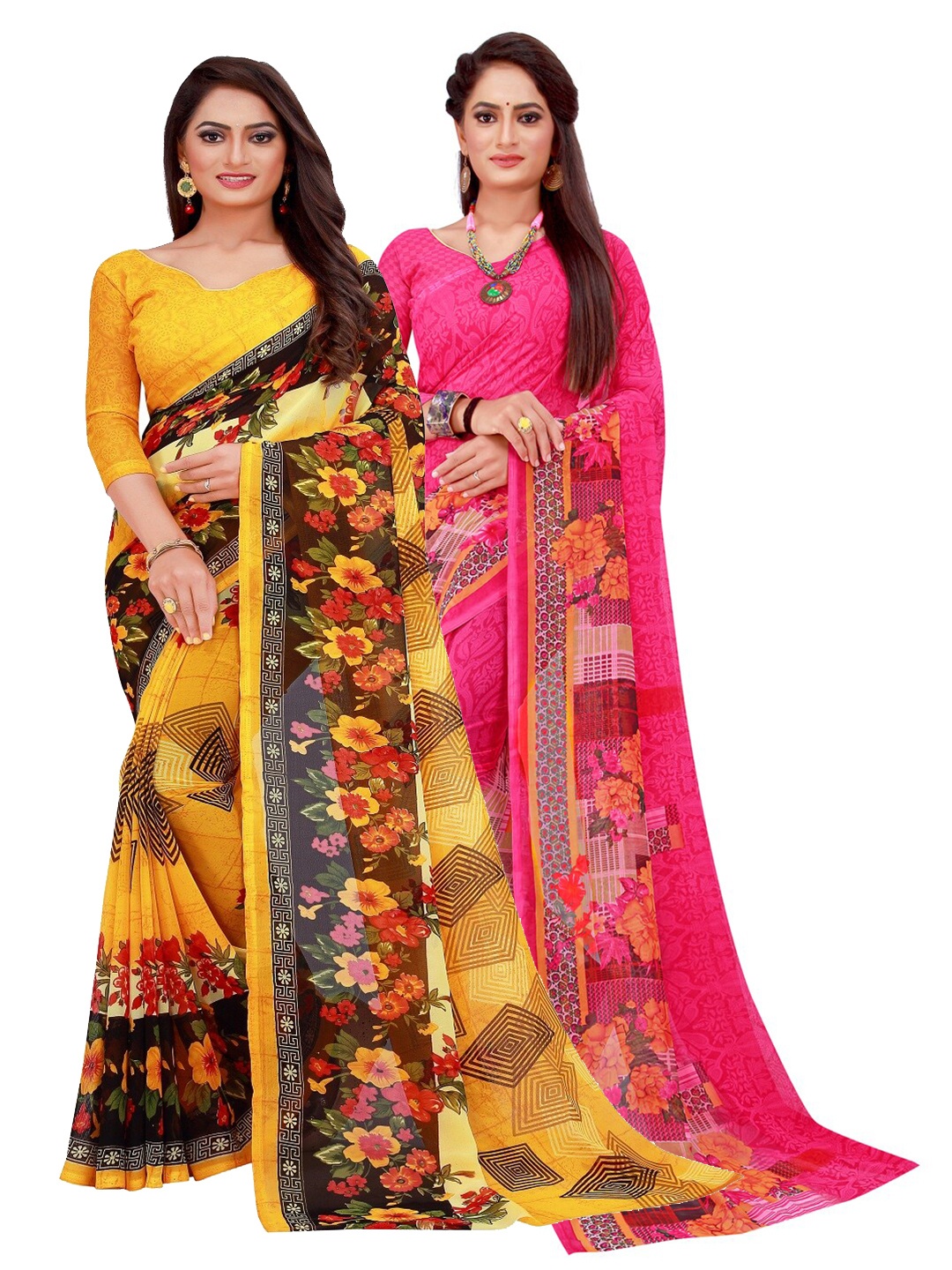 

Silk Bazar Yellow & Magenta Pack of 2 Floral Printed Pure Georgette Sarees