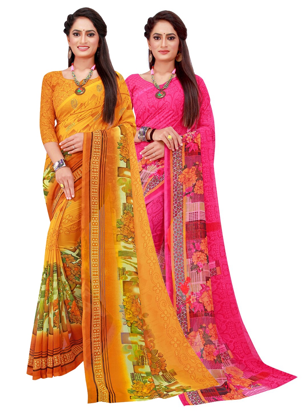 Silk Bazar Magenta & Orange Pack of 2 Floral Printed Pure Georgette Sarees