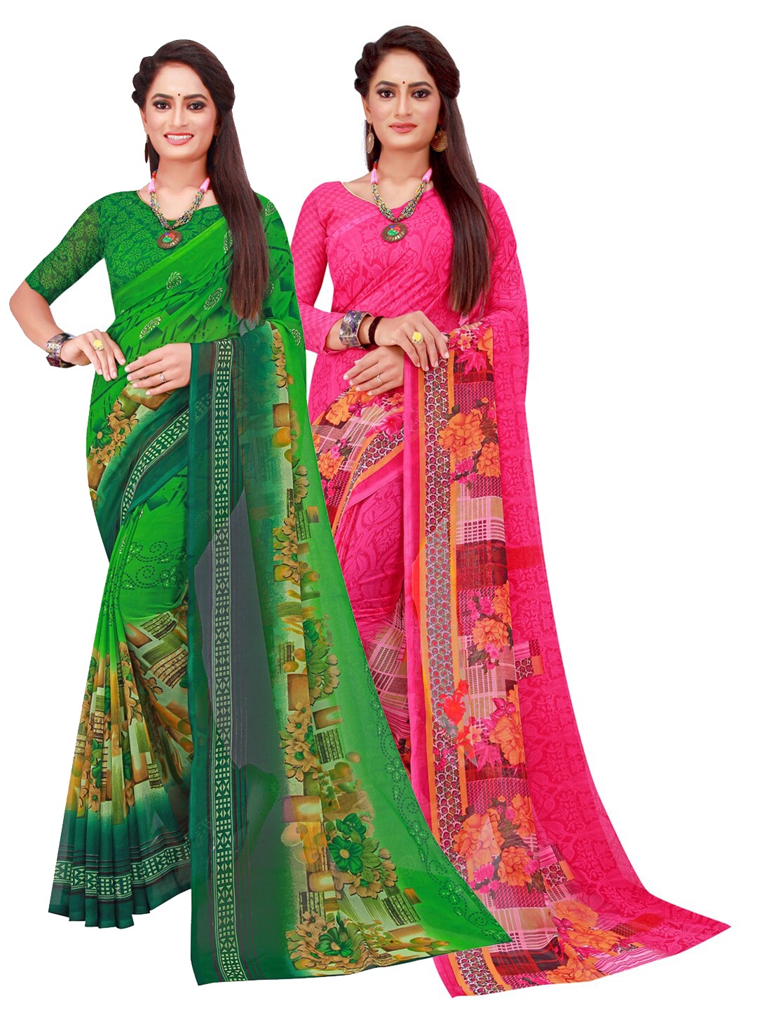 

Silk Bazar Magenta & Green Pack of 2 Floral Printed Pure Georgette Sarees