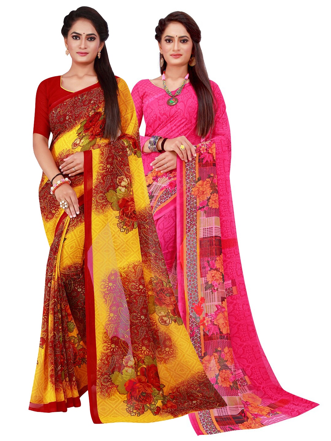 

Silk Bazar Maroon & Magenta Pack of 2 Floral Printed Pure Georgette Sarees