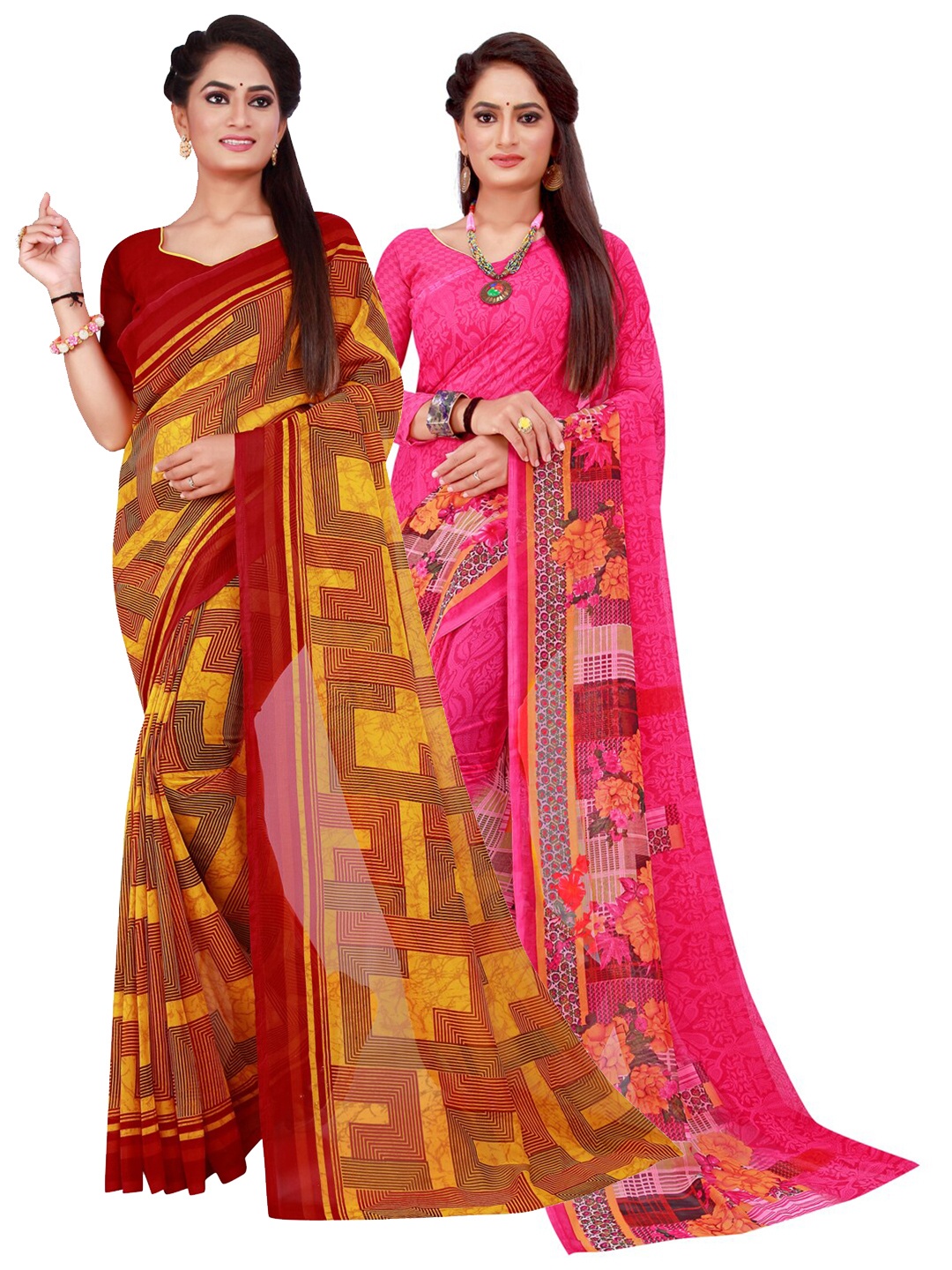 

Silk Bazar Maroon & Red Pack of 2 Floral Printed Pure Georgette Sarees