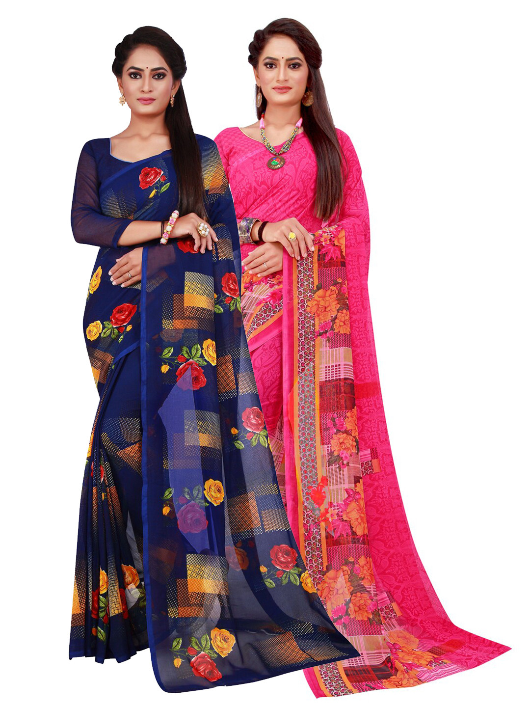 

Silk Bazar Magenta & Navy Blue Pack of 2 Floral Printed Pure Georgette Sarees