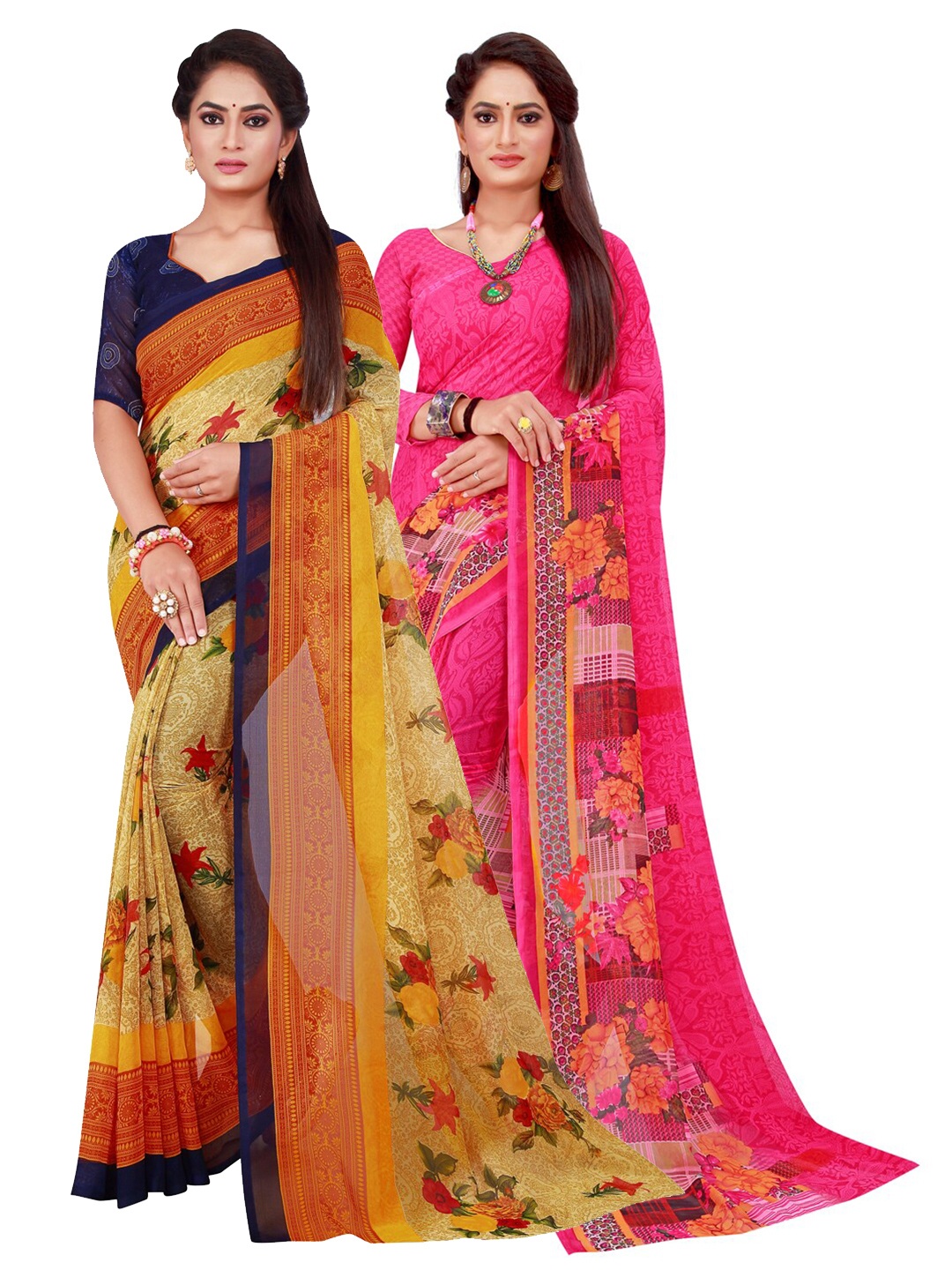 

Silk Bazar Magenta & Beige Pack of 2 Floral Printed Pure Georgette Sarees