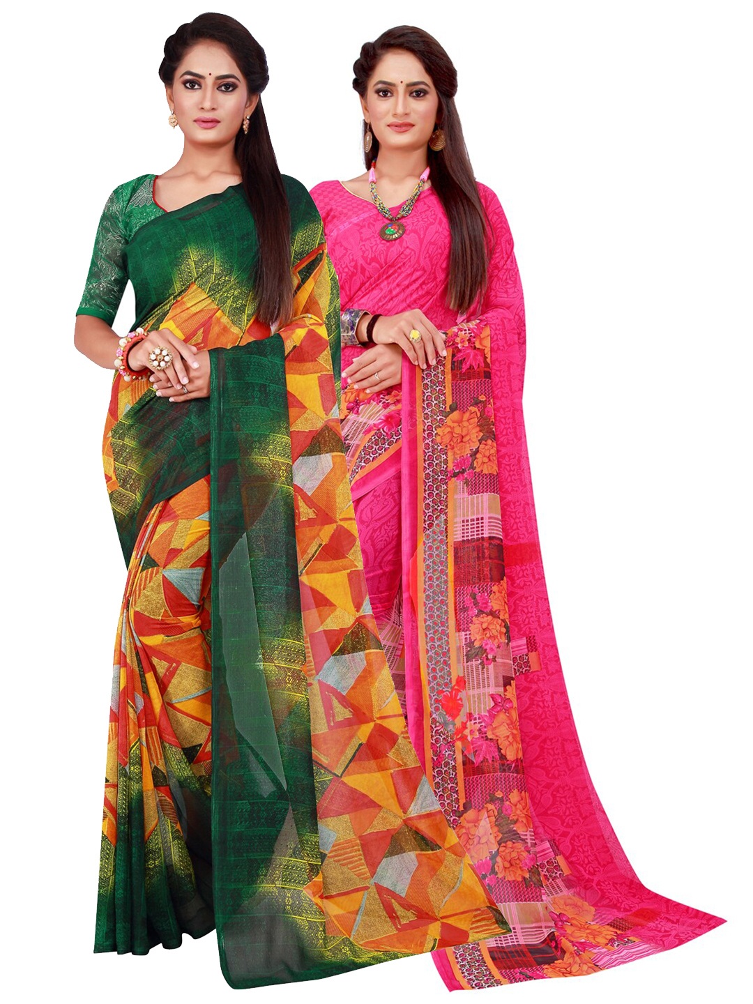 

Silk Bazar Magenta & Green Pack of 2 Floral Printed Pure Georgette Sarees