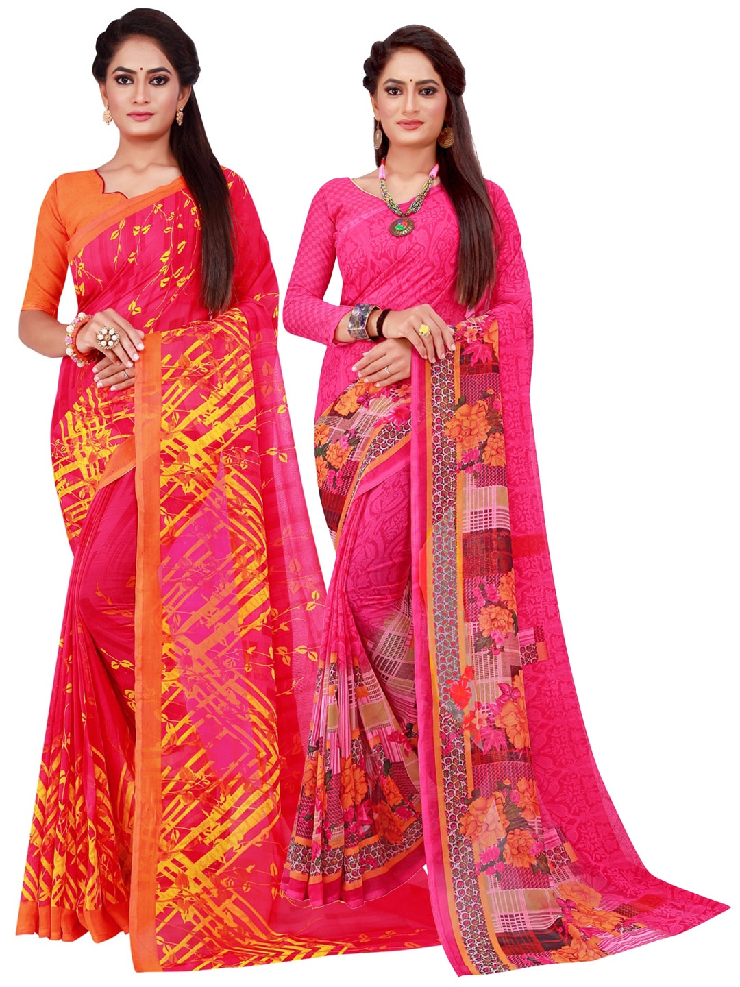 

Silk Bazar Magenta & Yellow Pack of 2 Pure Georgette Saree