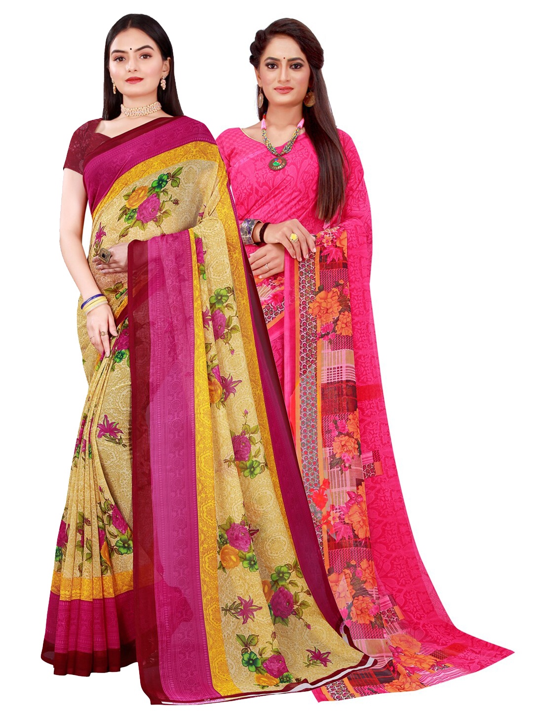 

Silk Bazar Beige & Magenta Pack of 2 Floral Printed Pure Georgette Saree