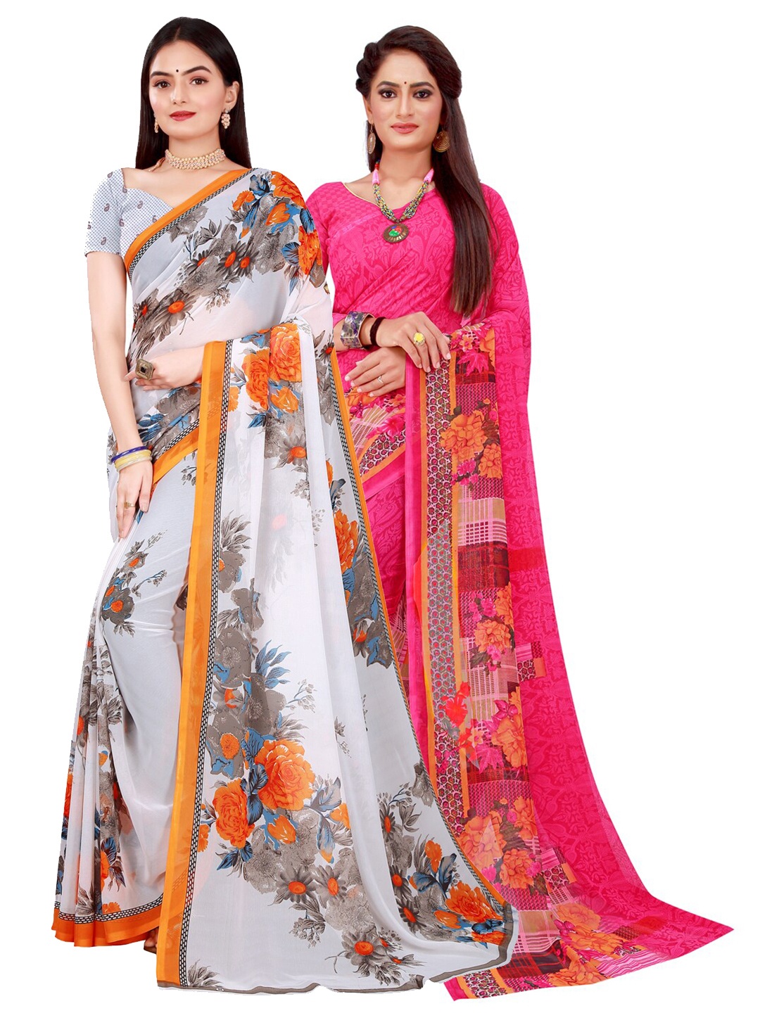 

Silk Bazar Magenta & White Pack of 2 Floral Printed Pure Georgette Saree