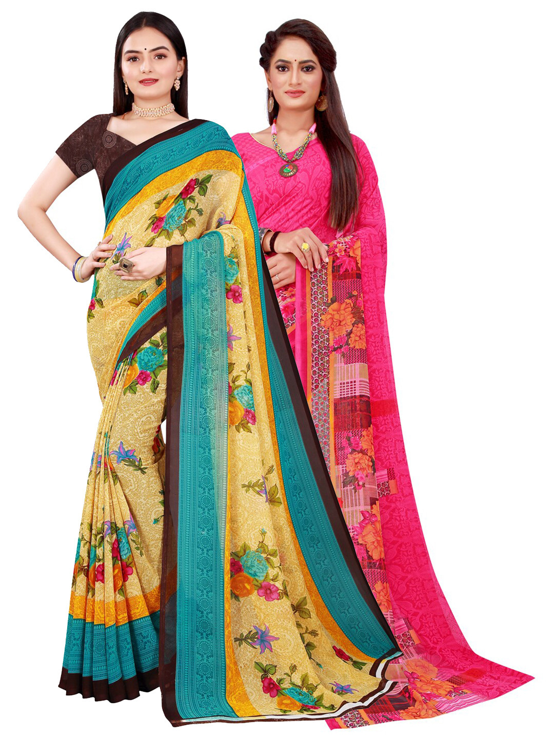 

Silk Bazar Magenta & Beige Pack of 2 Floral Printed Pure Georgette Saree