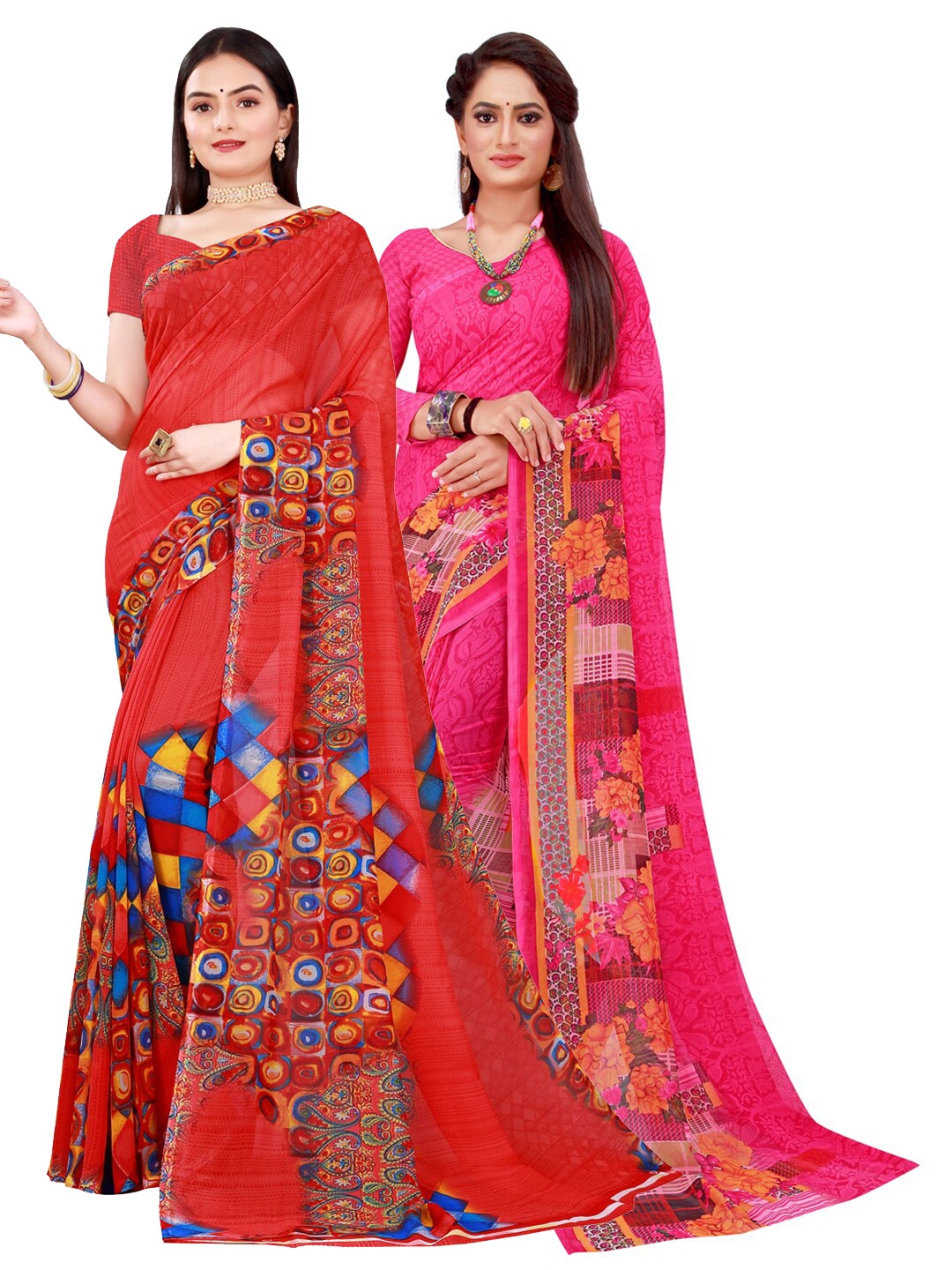 

Silk Bazar Red & Magenta Pack of 2 Floral Printed Pure Georgette Saree