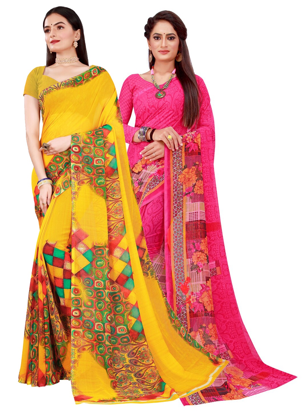 

Silk Bazar Magenta & Yellow Pack of 2 Floral Printed Pure Georgette Sarees