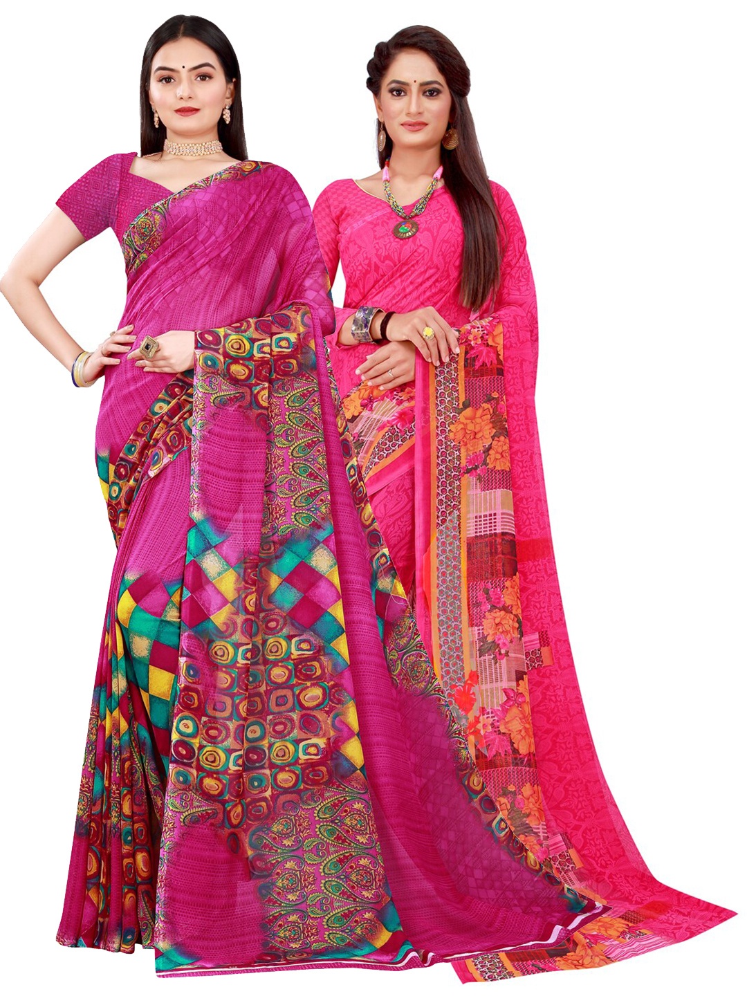 

Silk Bazar Magenta & Blue Pack of 2 Printed Pure Georgette Sarees