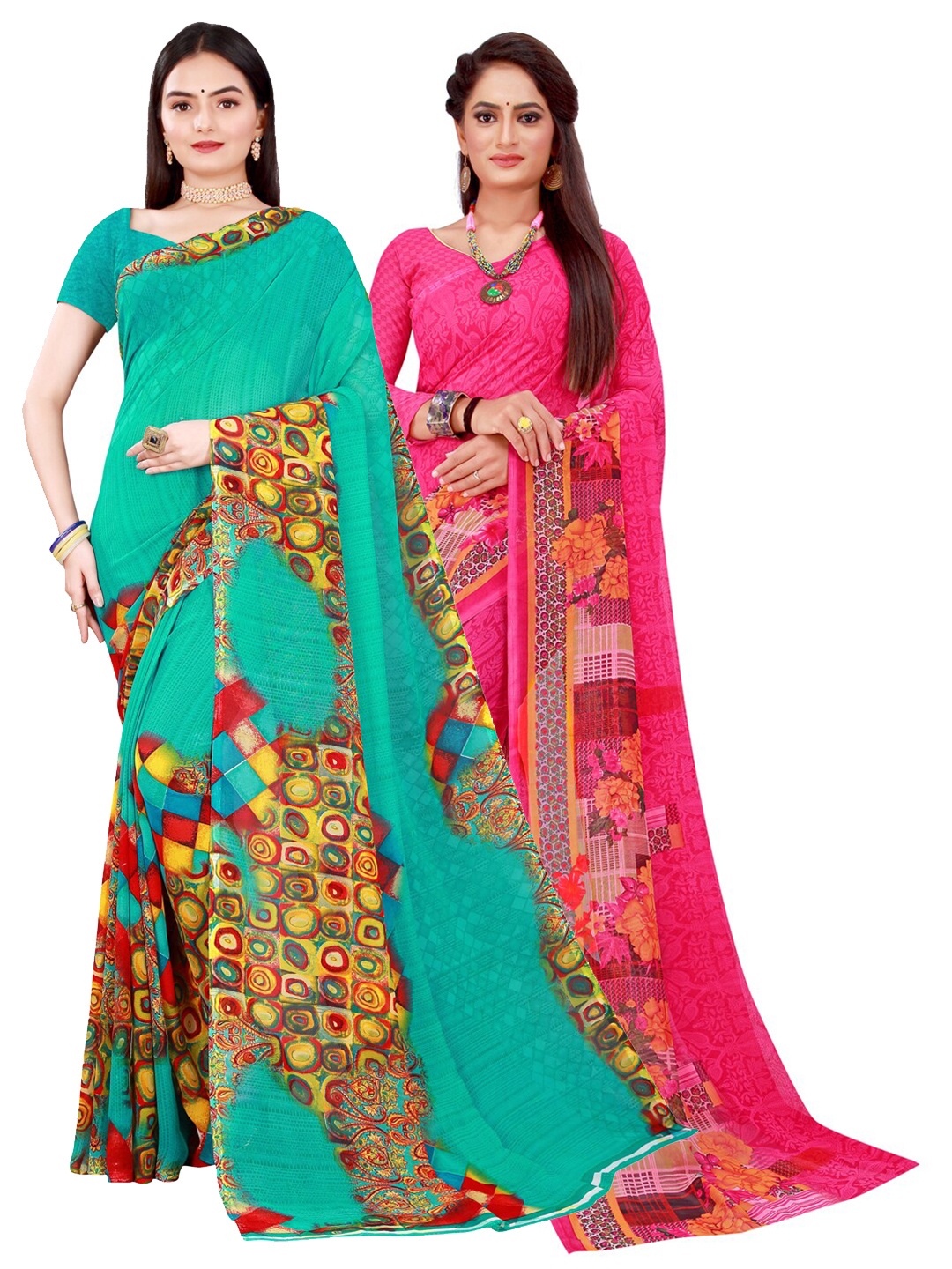 

Silk Bazar Magenta & Green Pack of 2 Printed Pure Georgette Sarees