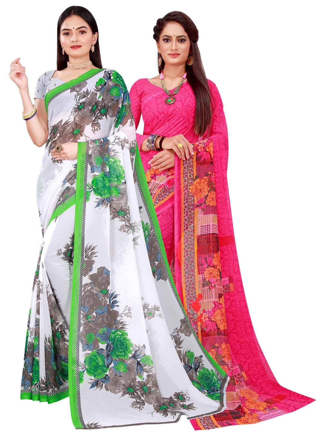 

Silk Bazar Magenta & White Pack of 2 Floral Printed Pure Georgette Sarees