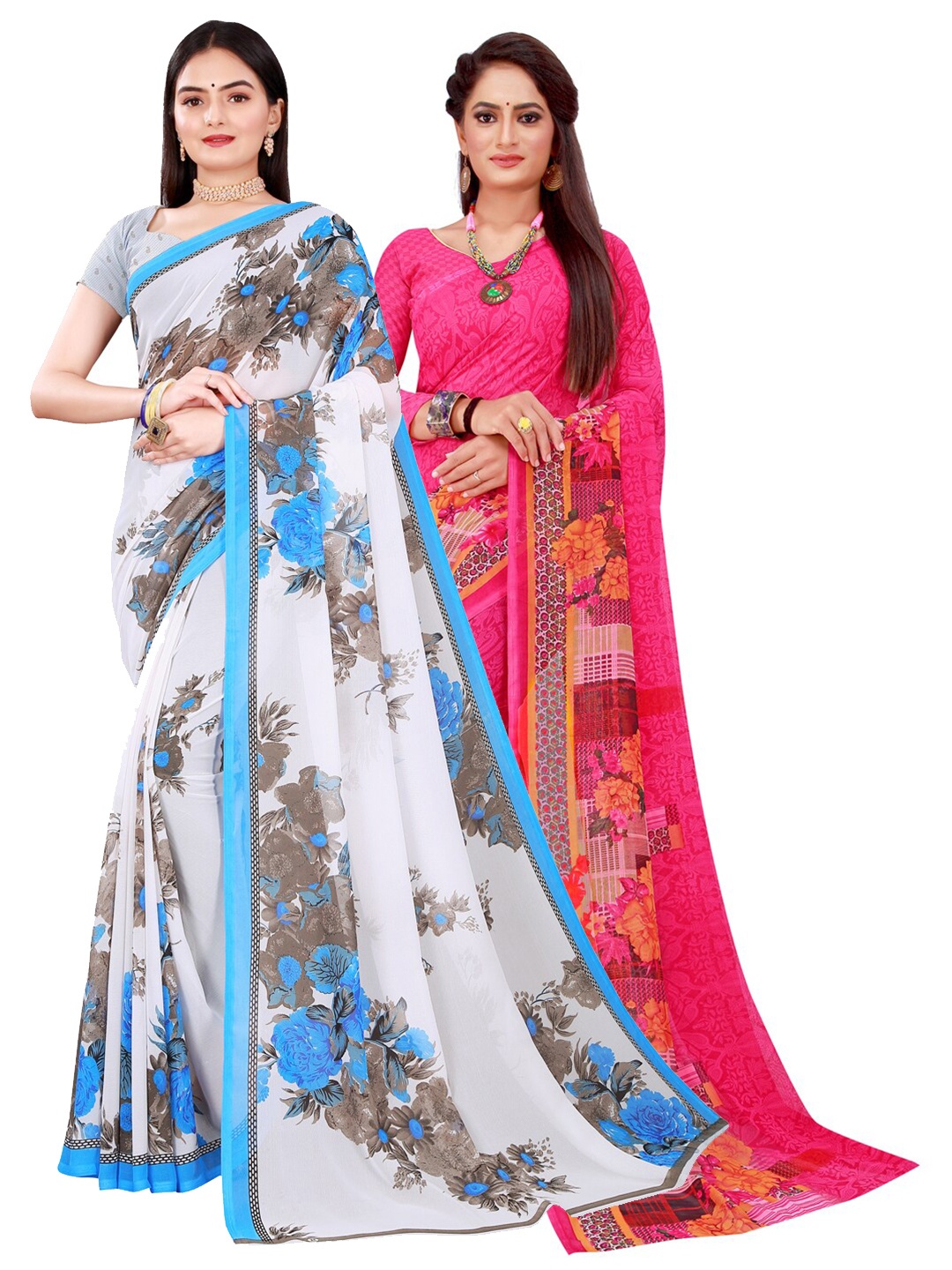 

Silk Bazar Magenta & White Pack of 2 Floral Printed Pure Georgette Sarees