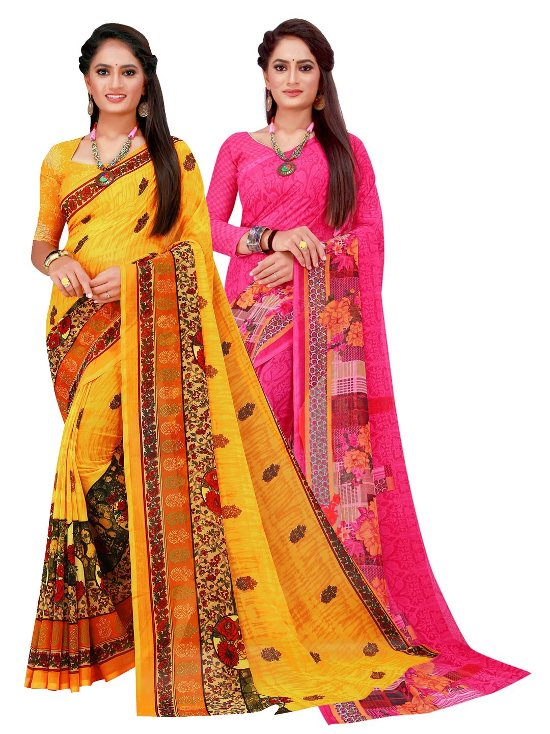 

Silk Bazar Magenta & Yellow Pack of 2 Floral Printed Pure Georgette Sarees