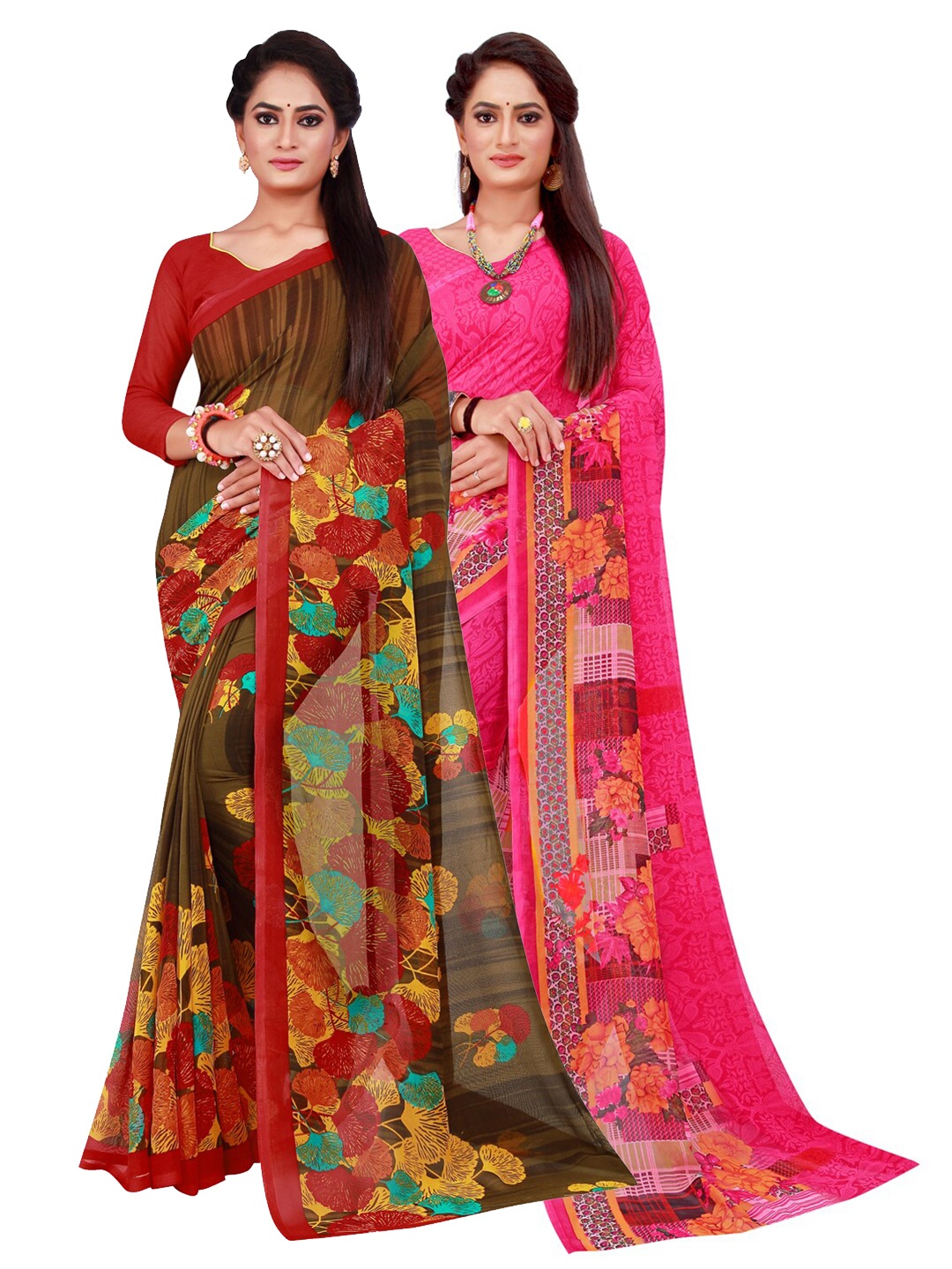 Silk Bazar Magenta & Brown Pack of 2 Floral Printed Pure Georgette Sarees