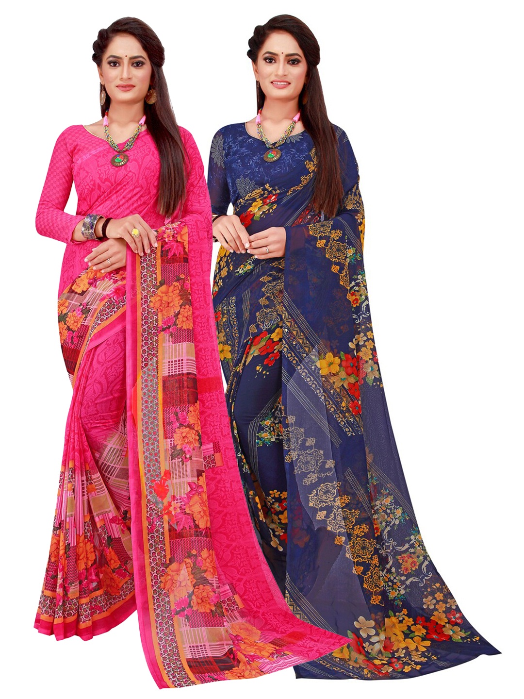 

Silk Bazar Magenta & Navy Blue Pack of 2 Floral Printed Pure Georgette Sarees