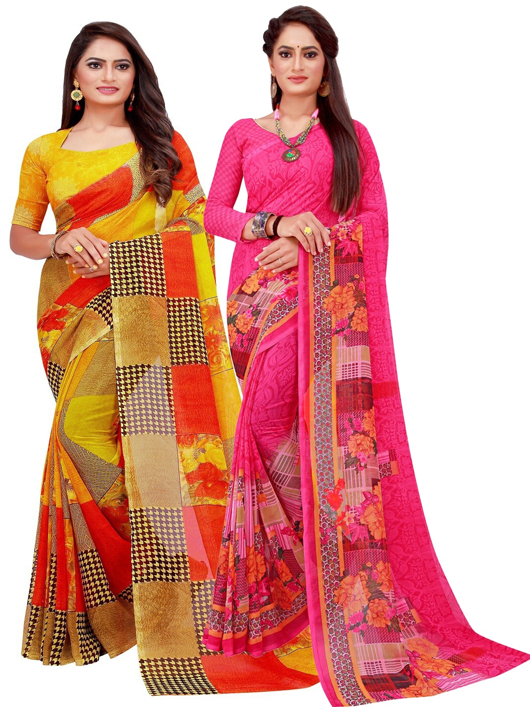 

Silk Bazar Magenta & Yellow Pack of 2 Floral Printed Pure Georgette Sarees