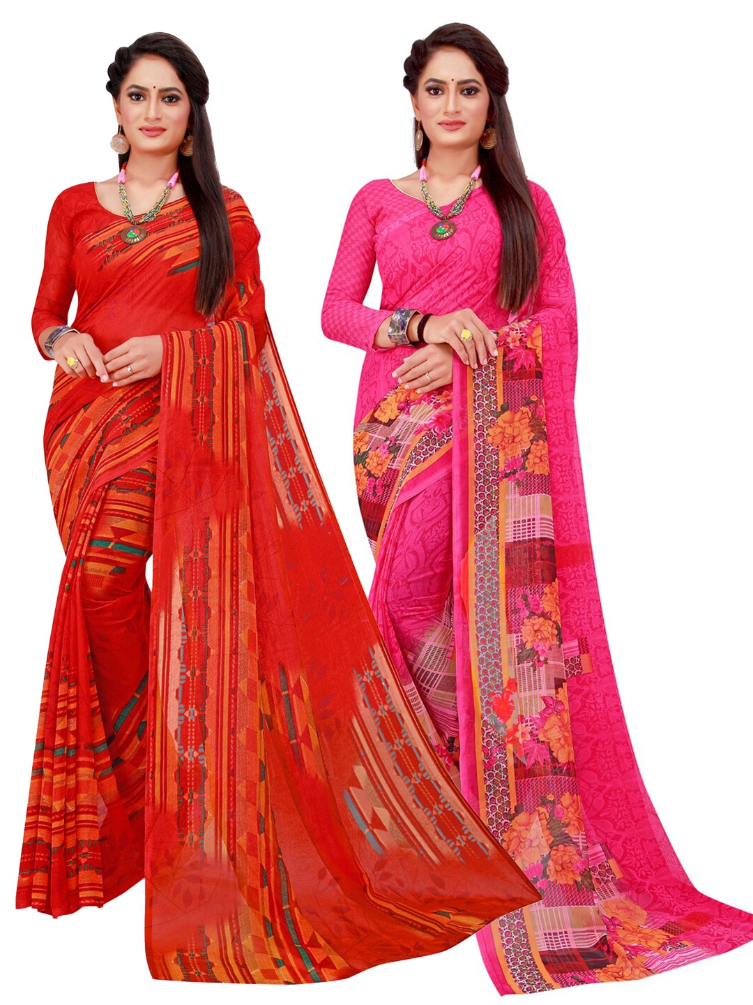 

Silk Bazar Magenta & Red Pack of 2 Printed Pure Georgette Sarees