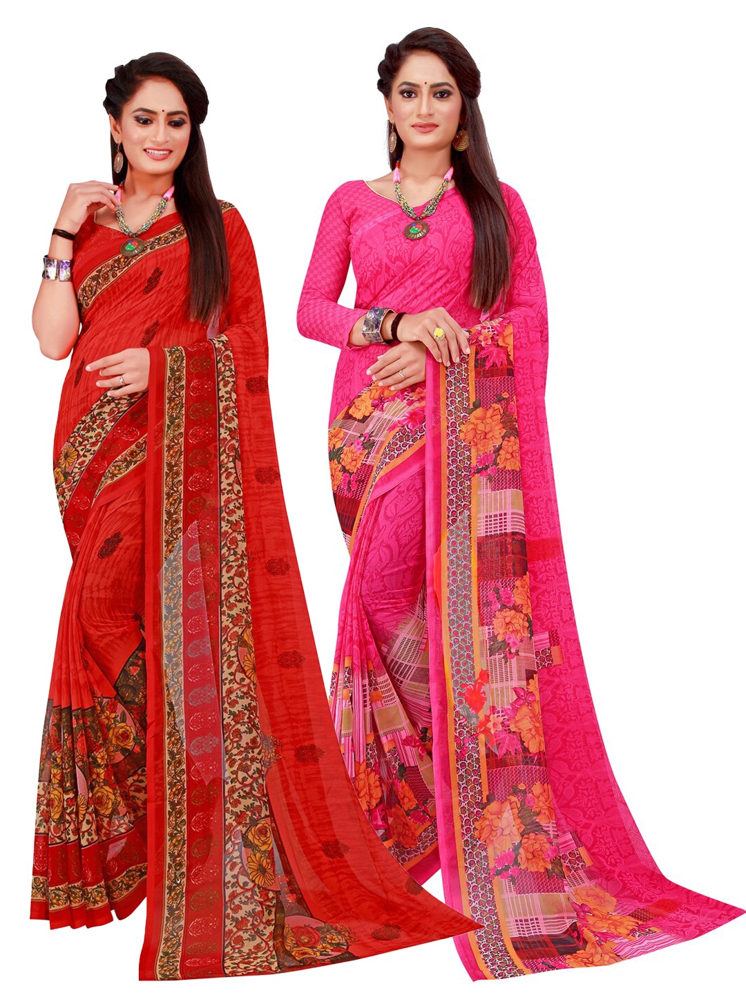 

Silk Bazar Magenta & Red Pack of 2 Floral Printed Pure Georgette Sarees