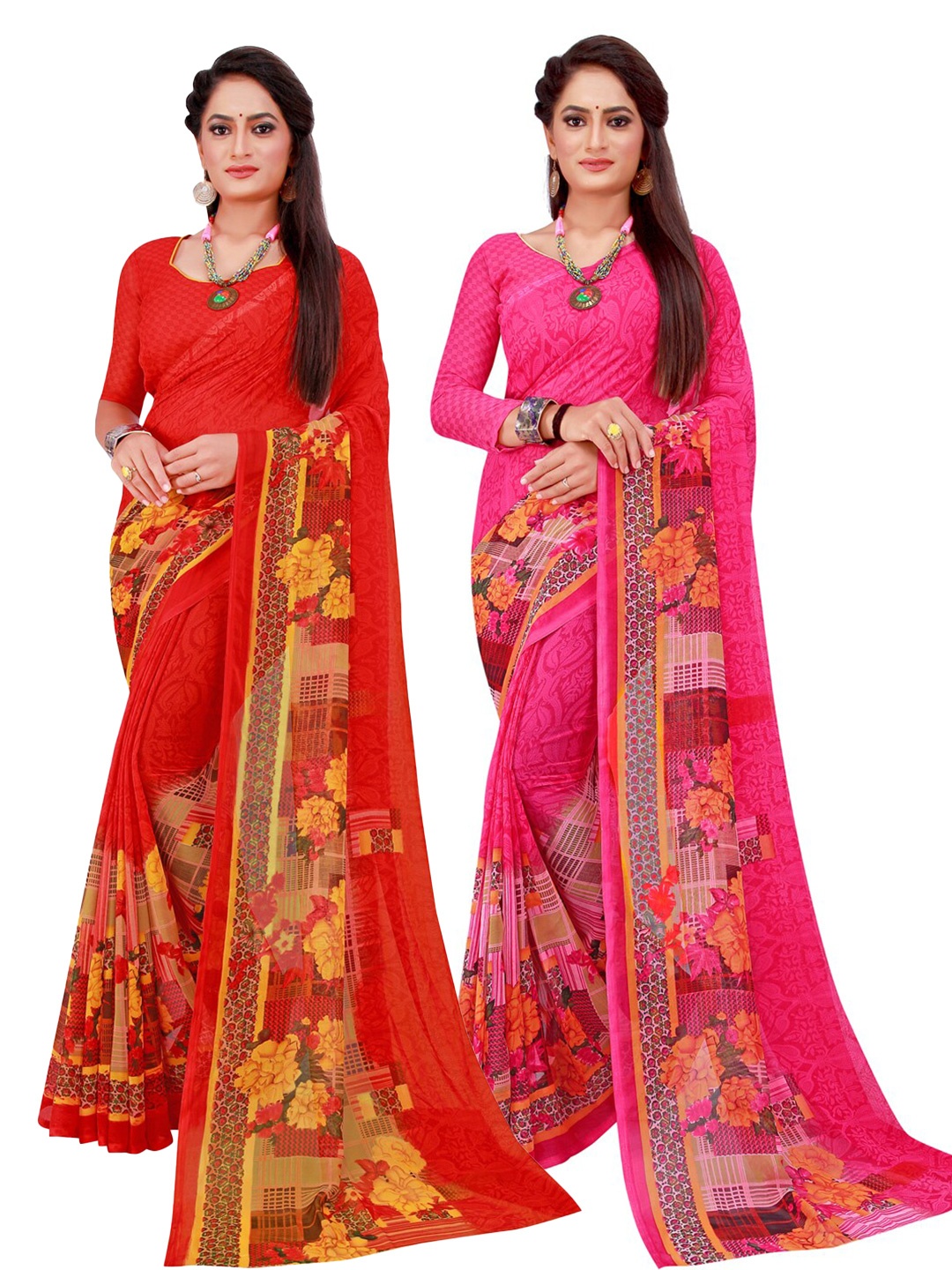 

Silk Bazar Magenta & Maroon Pack of 2 Floral Printed Pure Georgette Sarees