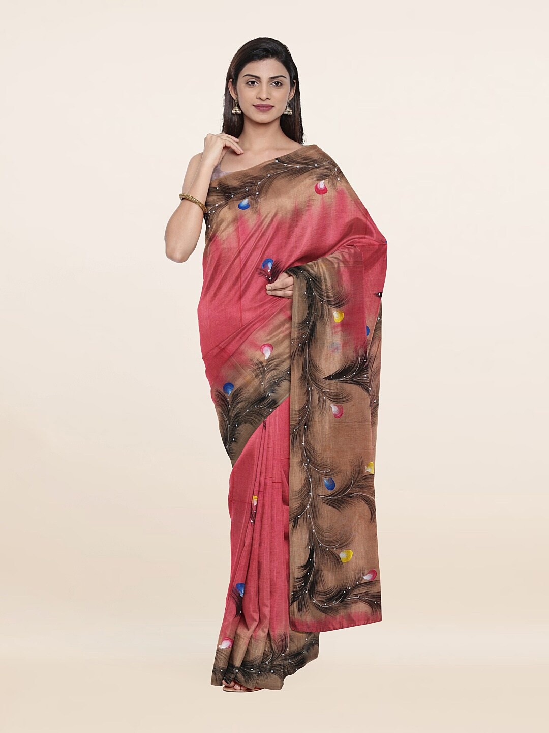 

Pothys Pink & Brown Floral Pure Cotton Saree