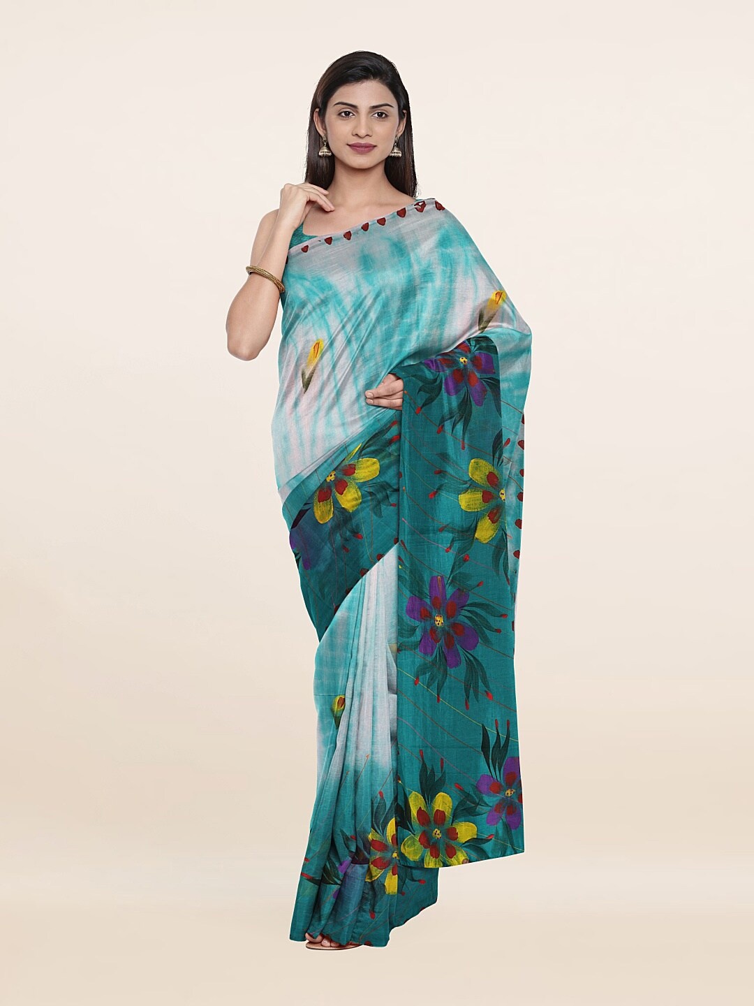 

Pothys Teal & Yellow Floral Pure Cotton Saree