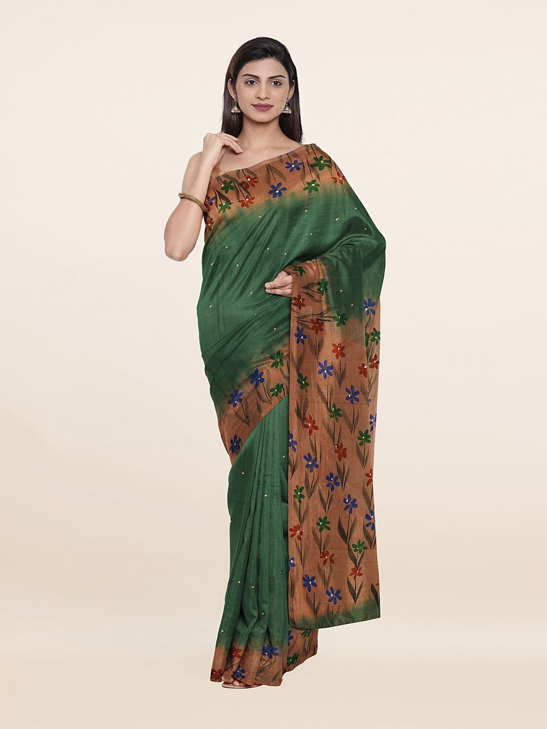 

Pothys Green & Red Floral Pure Cotton Saree