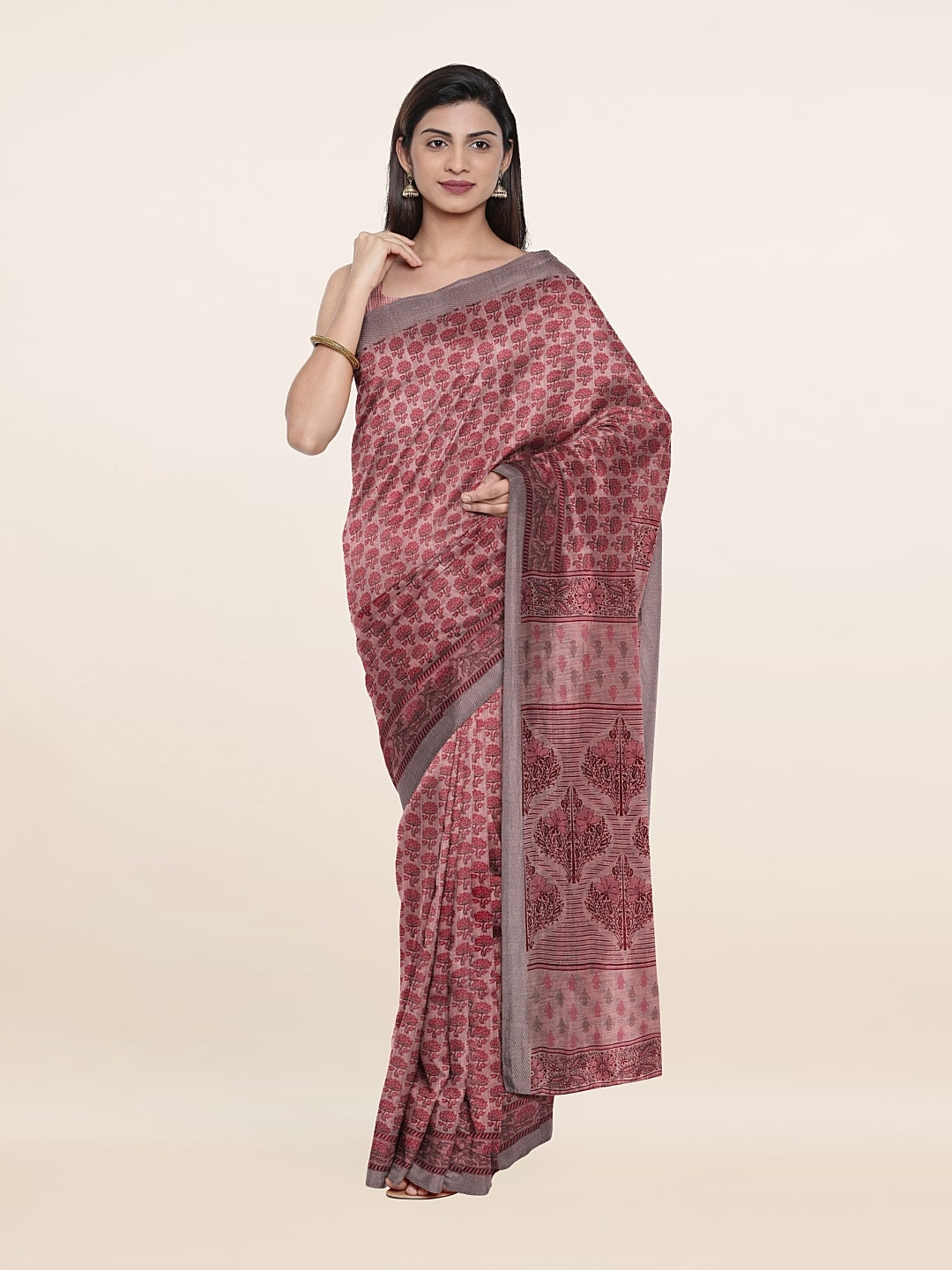 

Pothys Pink & Grey Floral Pure Cotton Saree