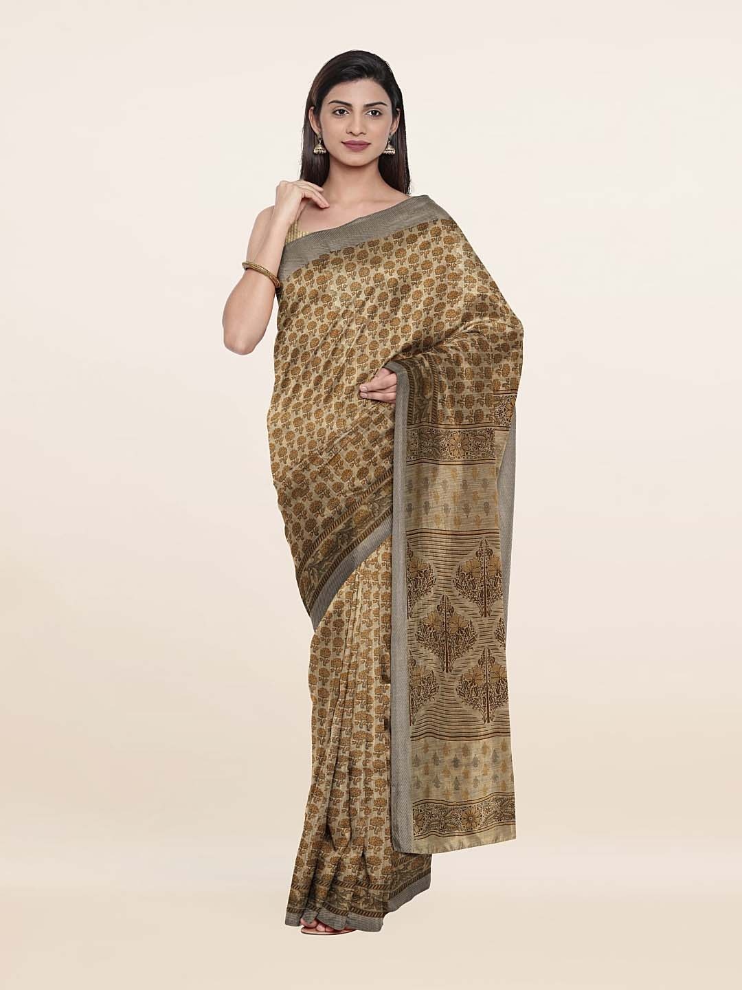 

Pothys Cream-Coloured & Grey Floral Pure Cotton Saree