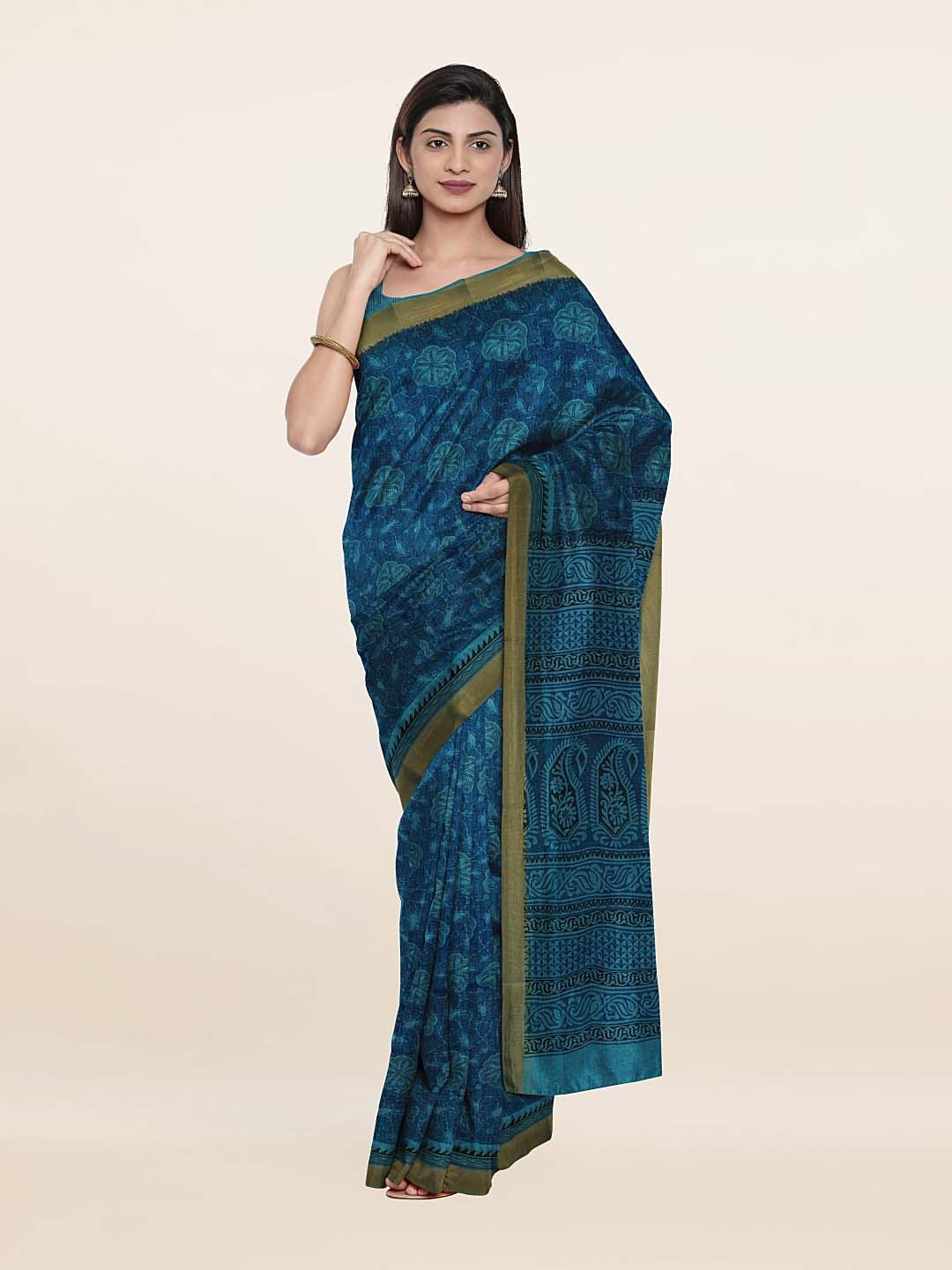 

Pothys Navy Blue & Gold-Toned Floral Zari Pure Cotton Saree
