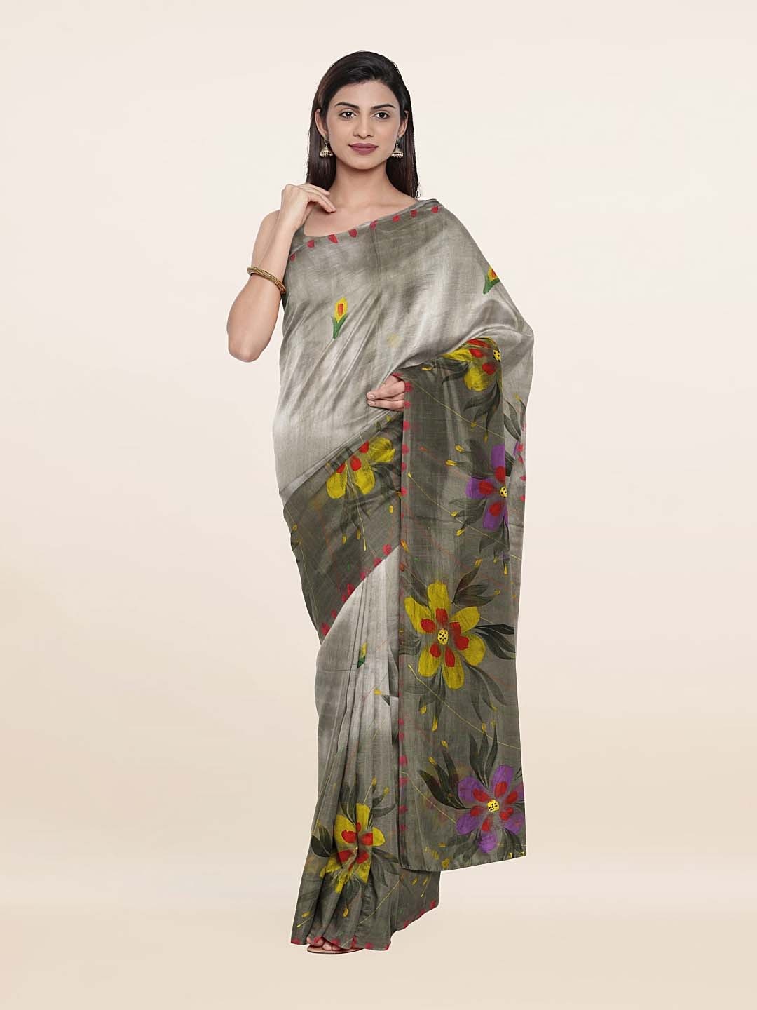 

Pothys Grey & Yellow Floral Pure Cotton Saree