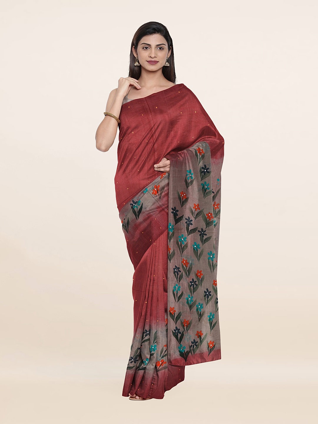 

Pothys Maroon & Grey Floral Pure Cotton Saree
