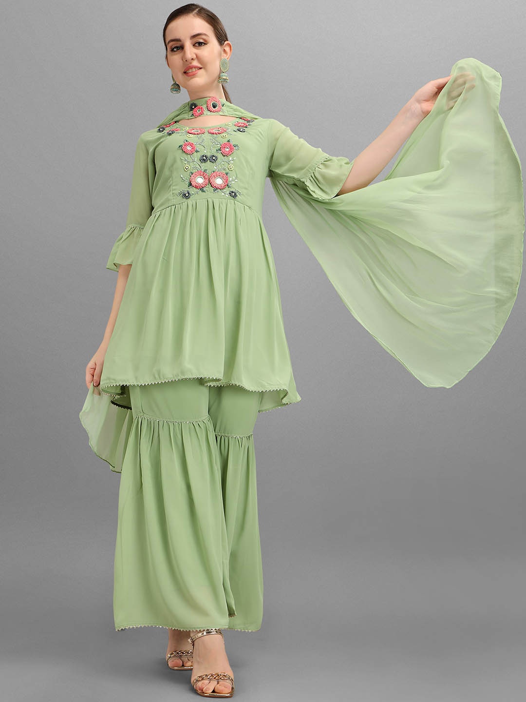 

Berrylicious Women Green Embroidered Thread Work Kurta with Sharara & With Dupatta