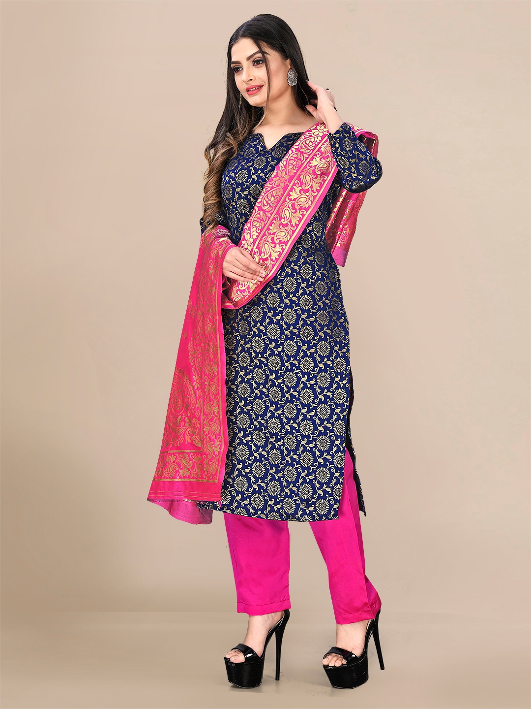 

KALINI Navy Blue & Pink Unstitched Dress Material