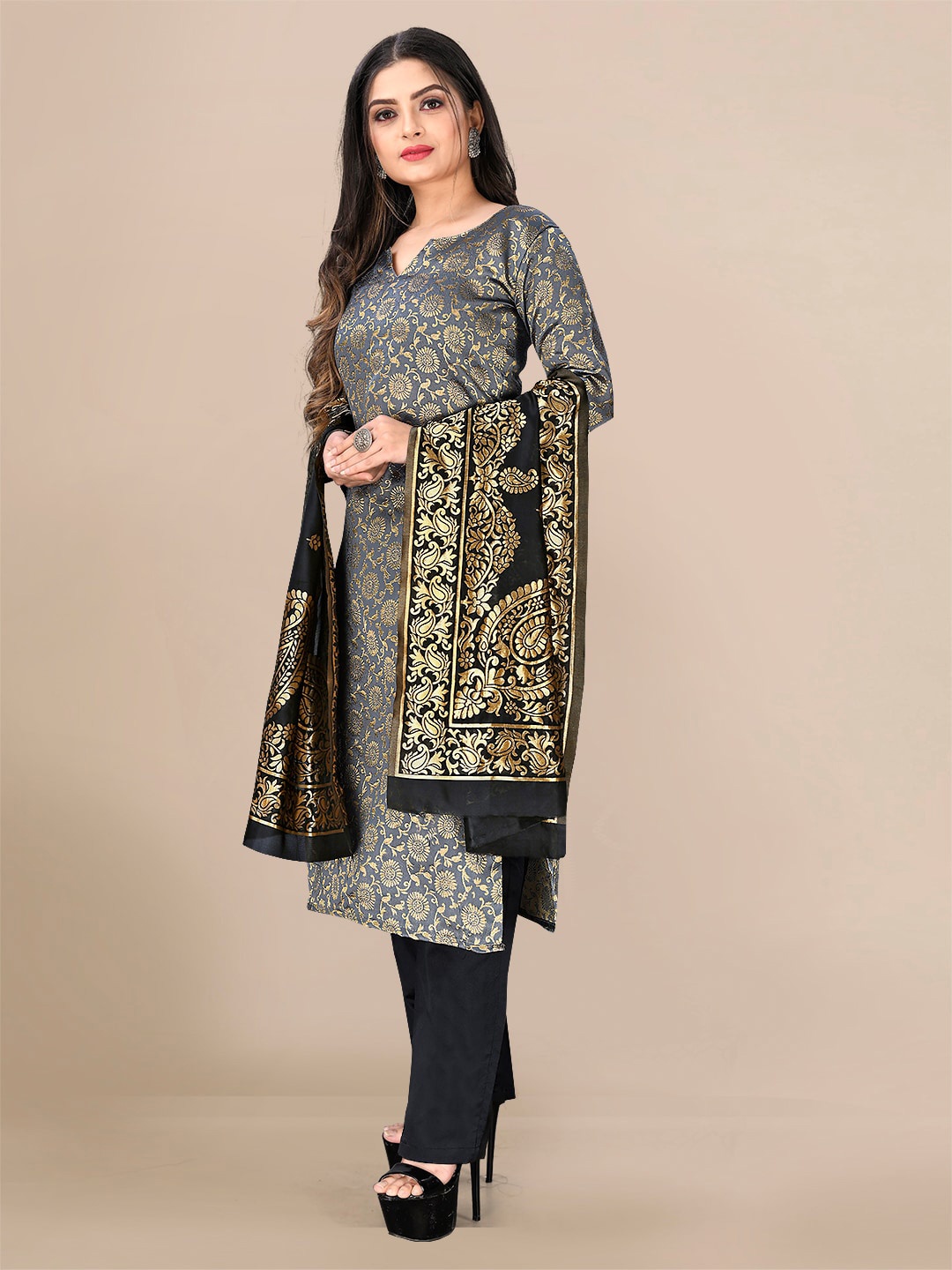 

KALINI Grey & Gold-Toned Unstitched Dress Material