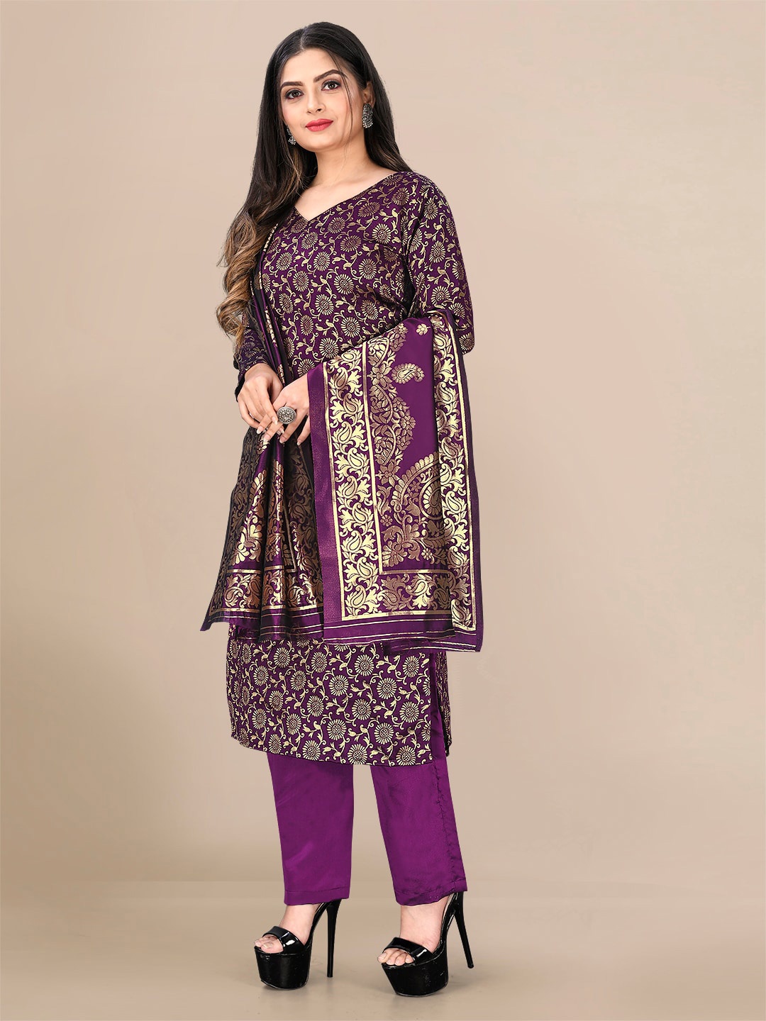 

KALINI Purple & Gold-Toned Unstitched Dress Material