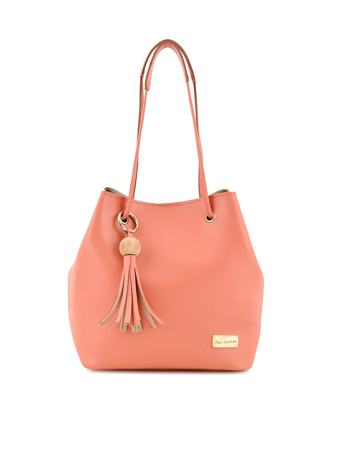 

Pez dorado Peach-Coloured PU Structured Shoulder Bag with Tasselled