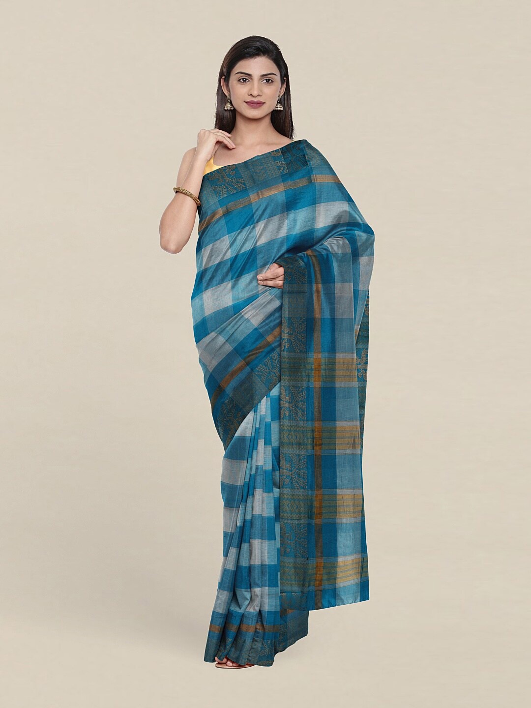 

Pothys Blue & Gold-Toned Checked Pure Cotton Saree