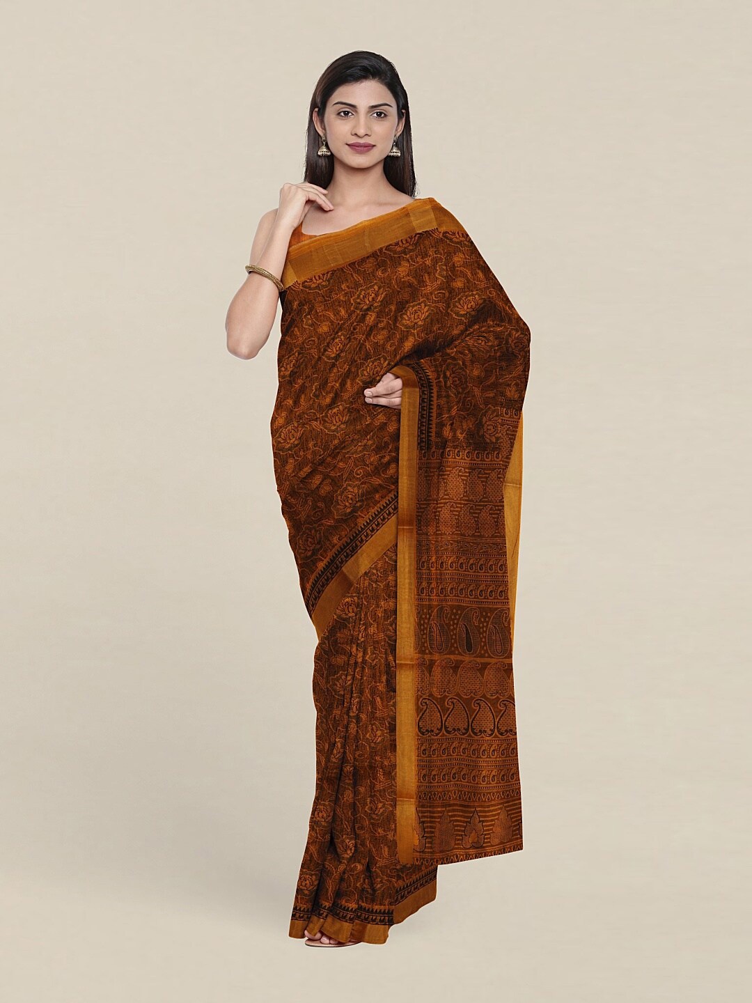 

Pothys Mustard & Brown Floral Pure Cotton Saree